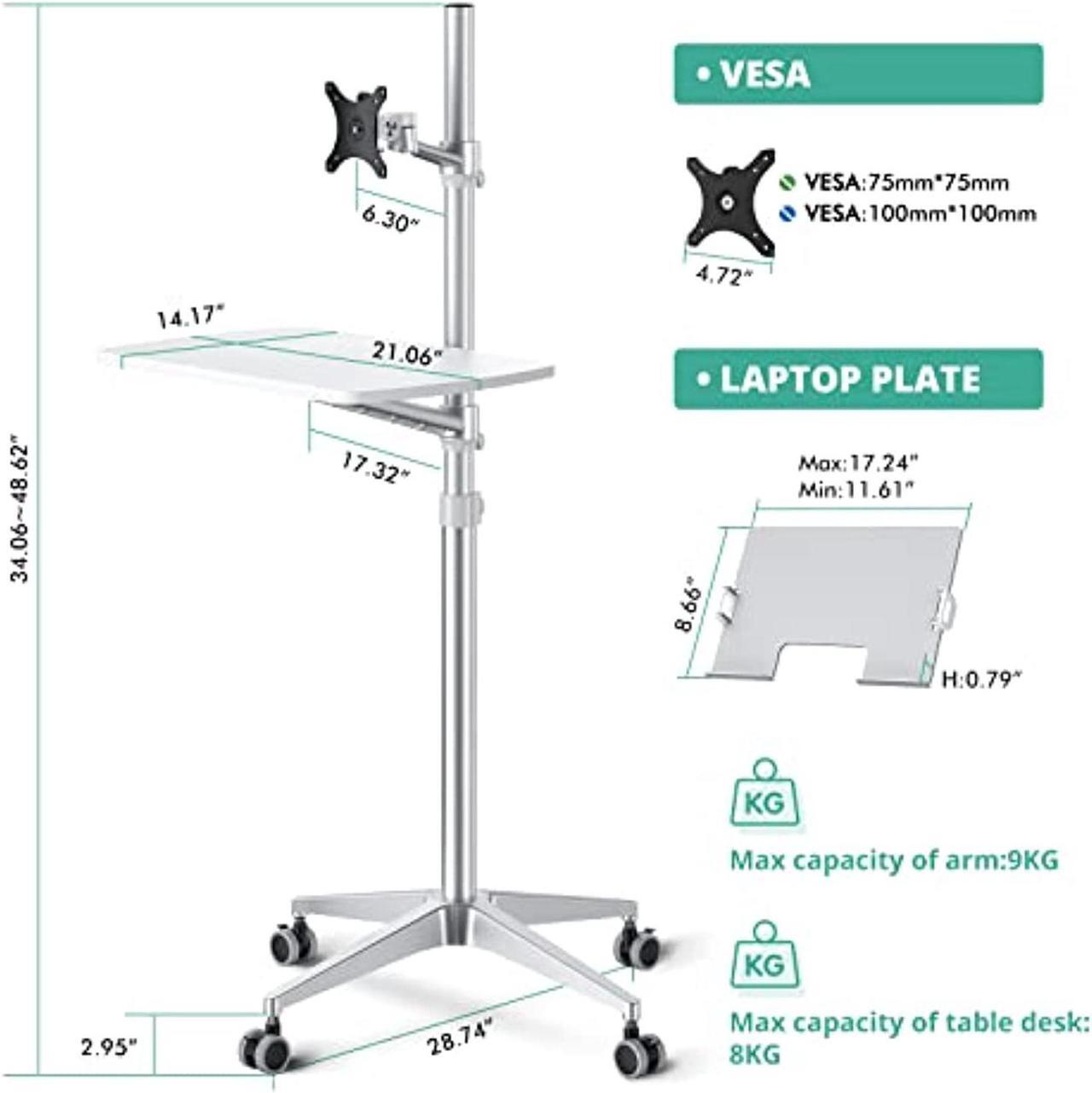 Alt view image 4 of 7 - Mobile Desk,Mobile Workstation,Mulitiuse Rolling Laptop Floor Stand,34"-48.6" Height Adjustable,Compatible With 17"-27"Monitor&12"-17"Laptop,21"×14" Desk Board,Maxload 17.6Lbs,4 Lockable W