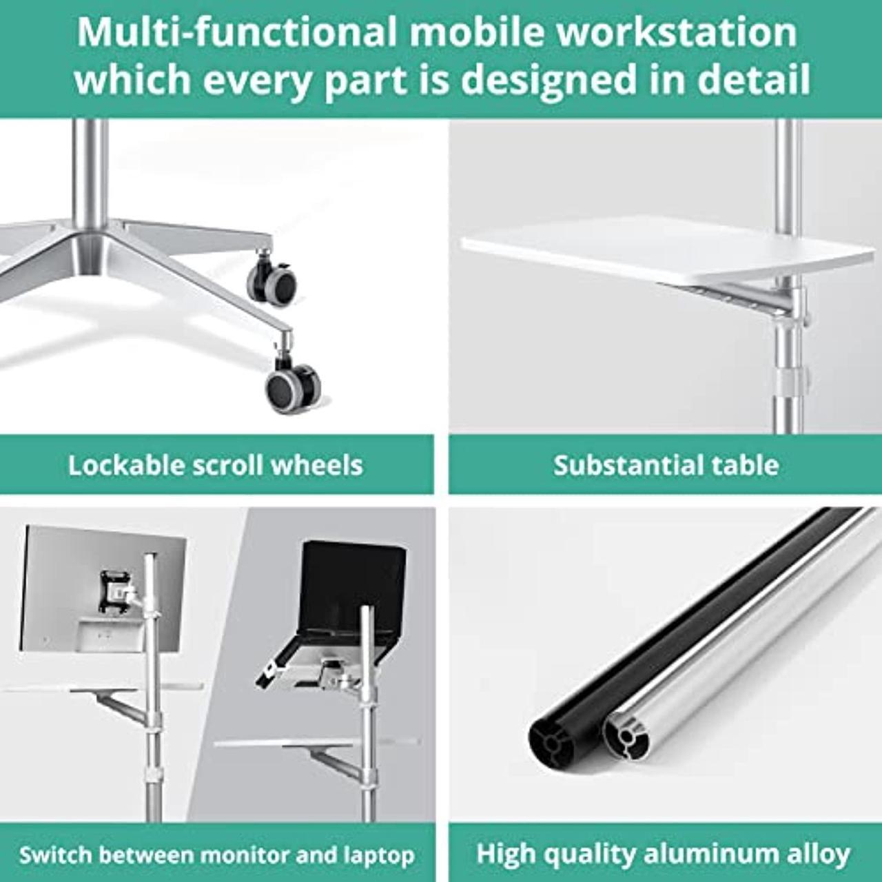 Alt view image 6 of 7 - Mobile Desk,Mobile Workstation,Mulitiuse Rolling Laptop Floor Stand,34"-48.6" Height Adjustable,Compatible With 17"-27"Monitor&12"-17"Laptop,21"×14" Desk Board,Maxload 17.6Lbs,4 Lockable W