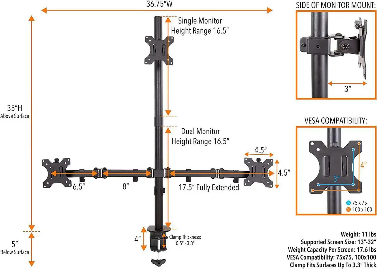 Alt view image 6 of 7 - Stand Steady 3 Monitor Mount Desk Stand | Clamp-On Height Adjustable Triple Monitor Stand | Full Articulation VESA Mount Fits Most LCD/LED Monitors 13-32 Inches | Easy Set-Up Three Monitor Arm