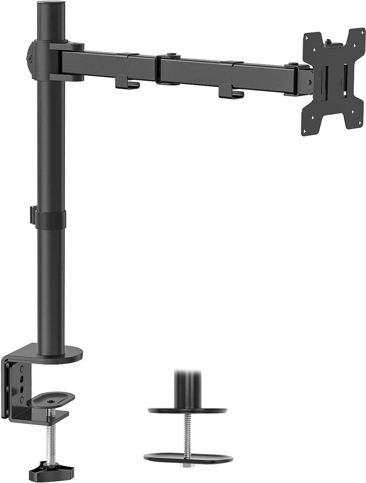 WALI Single LCD Monitor Desk Mount Stand Fully Adjustable Fits One Screen up to 27", Full Motion, Tilt, Swivel, Rotate, 22 lbs Capacity, C-Clamp Base and Optional Grommet Base (WL-M001)