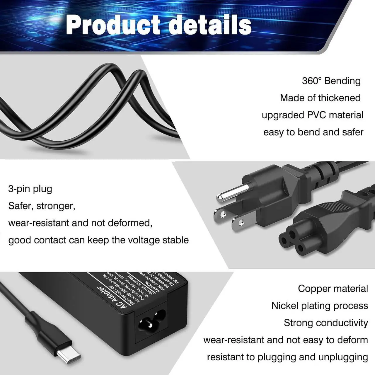 Alt view image 6 of 7 - Universal 100W USB-C Laptop Charger for Lenovo,Acer,Dell,Asus,Mac Book Pro/Air 16, 15, 14, 13 Inch, Chromebook, Lenovo ThinkPad and Type-C Adapter Charger (SM100CL-01)