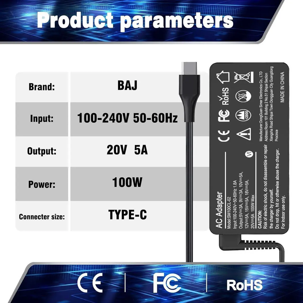 Alt view image 5 of 7 - Universal 100W USB-C Laptop Charger for Lenovo,Acer,Dell,Asus,Mac Book Pro/Air 16, 15, 14, 13 Inch, Chromebook, Lenovo ThinkPad and Type-C Adapter Charger (SM100CL-01)