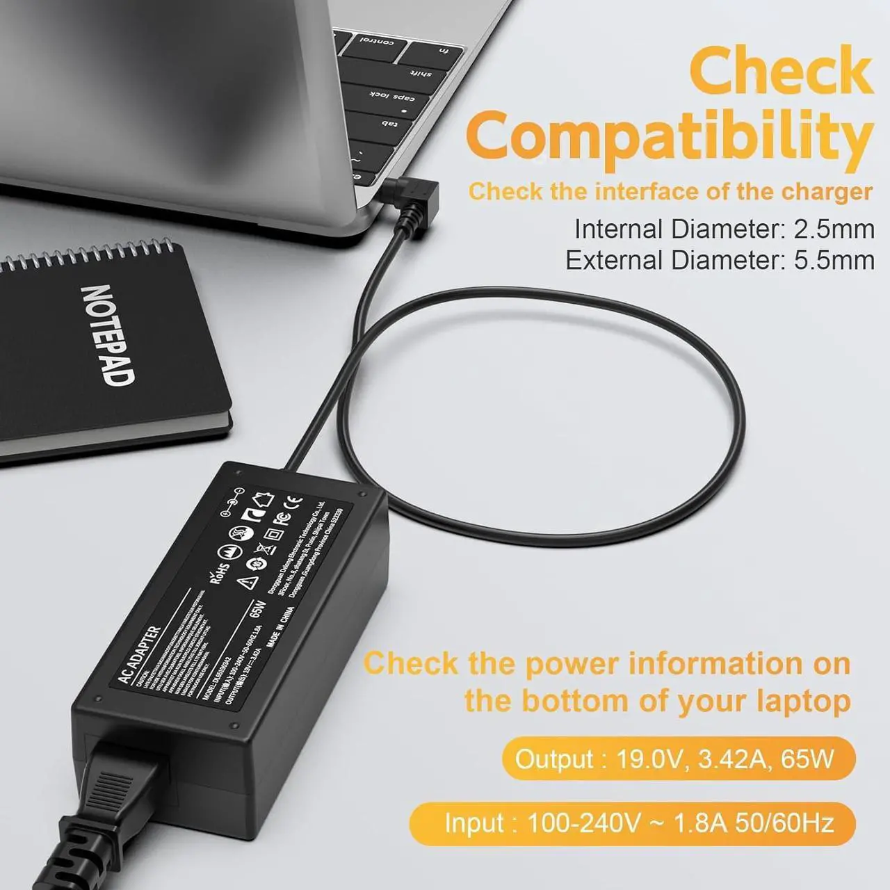 Alt view image 2 of 7 - 65W Laptop Charger for Toshiba Satellite C55 C55D C655 C855 C855D L55 L745 L655 L755 P755 S55 S55T A105 A215 A505 A665; PA3822U-1ACA PA3917U-1ACA PA5177U-1ACA; Toshiba Portege Z30 Z930 Power Supply