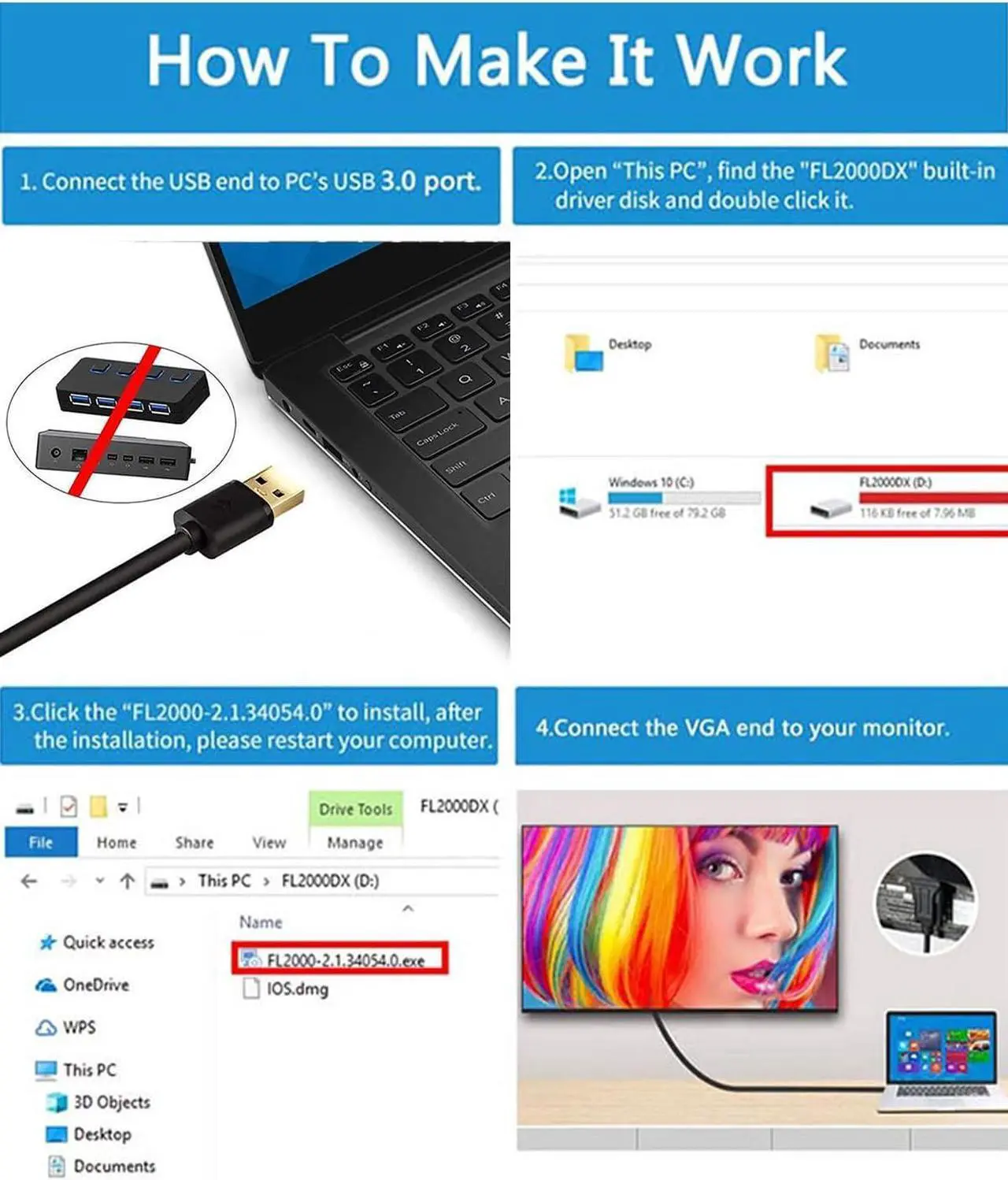 Alt view image 7 of 7 - USB to VGA Adapter Cable 1080P Full HD USB 3.0 to 15Pin D-sub SVGA Monitor Display Video Converter Cord for Computer PC Laptop Compatible with Mac OS/Windows System (6.5FT Driver Required)