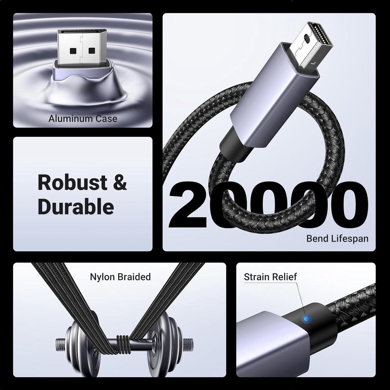 Alt view image 7 of 7 - VESA Mini DisplayPort to DisplayPort 1.4 Cable 6.6FT 8K@60Hz 4K@240Hz 32.4Gbps Bi-Directional DisplayPort to Mini DisplayPort Cord HDR HDCP2.3 for Thunderbolt 2/1 MacBook GSync FreeSync Monitor
