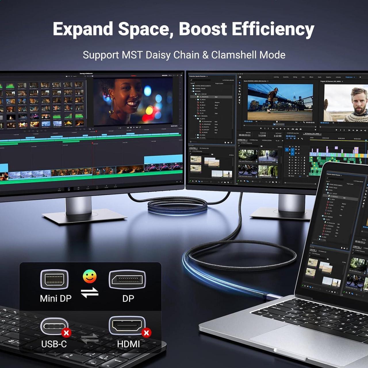 Alt view image 5 of 7 - VESA Mini DisplayPort to DisplayPort 1.4 Cable 6.6FT 8K@60Hz 4K@240Hz 32.4Gbps Bi-Directional DisplayPort to Mini DisplayPort Cord HDR HDCP2.3 for Thunderbolt 2/1 MacBook GSync FreeSync Monitor