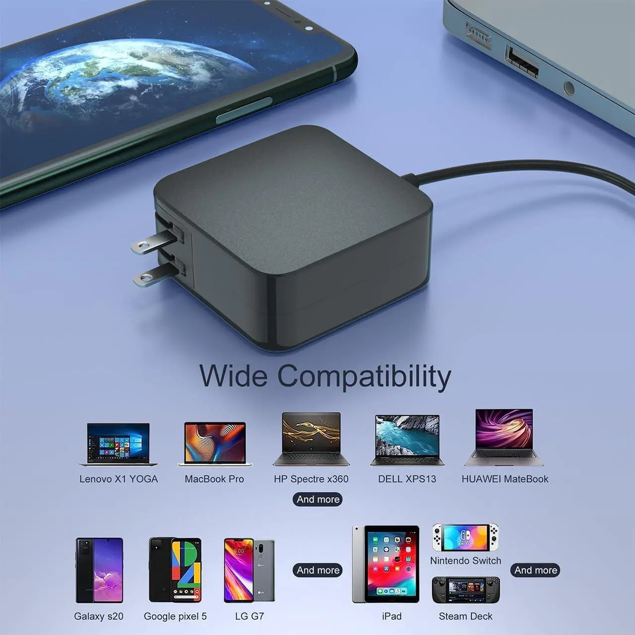 Alt view image 7 of 7 - 65W USB C Power Adapter,Type C Power PD Wall Fast Charger for Mac Book Pro,Dell Latitude,Lenovo,Huawei Matebook, HP Spectre,Acer Chromebook Charger,steam Deck Charger and Any Laptops or Smart Phones