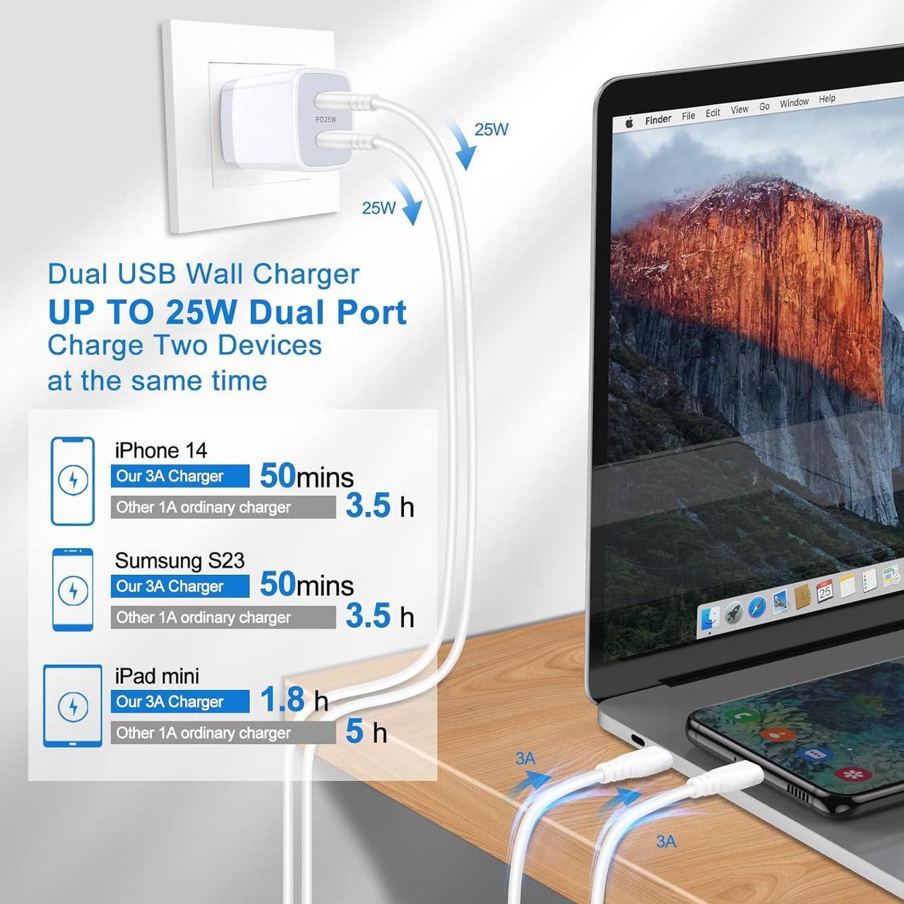 Alt view image 2 of 6 - USB C Charger Block, 25W 2 Port Type C Wall Charger Fast Charging Dual PD Power Adapter Plug for iPhone 15/15 Pro/15 Pro Max/15 Plus,Pixel 8,Samsung Galaxy S23 FE S22 S21 S20 A15 A14 A54 Android Phone