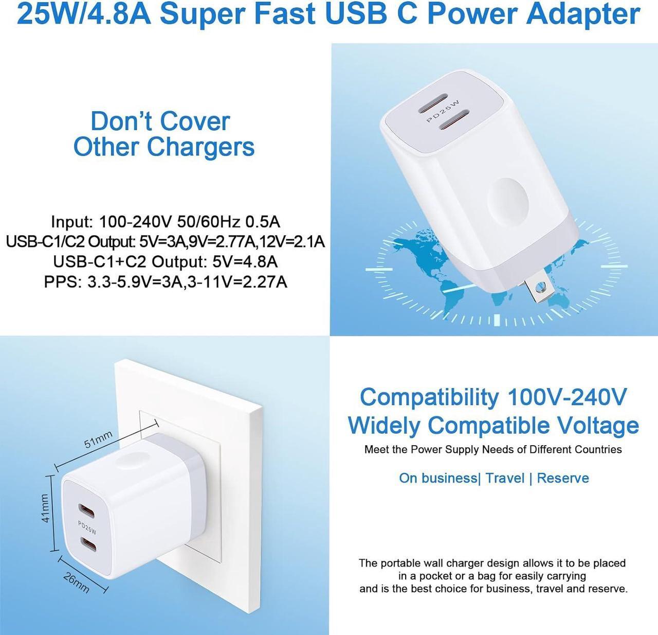Alt view image 4 of 6 - USB C Charger Block, 25W 2 Port Type C Wall Charger Fast Charging Dual PD Power Adapter Plug for iPhone 15/15 Pro/15 Pro Max/15 Plus,Pixel 8,Samsung Galaxy S23 FE S22 S21 S20 A15 A14 A54 Android Phone