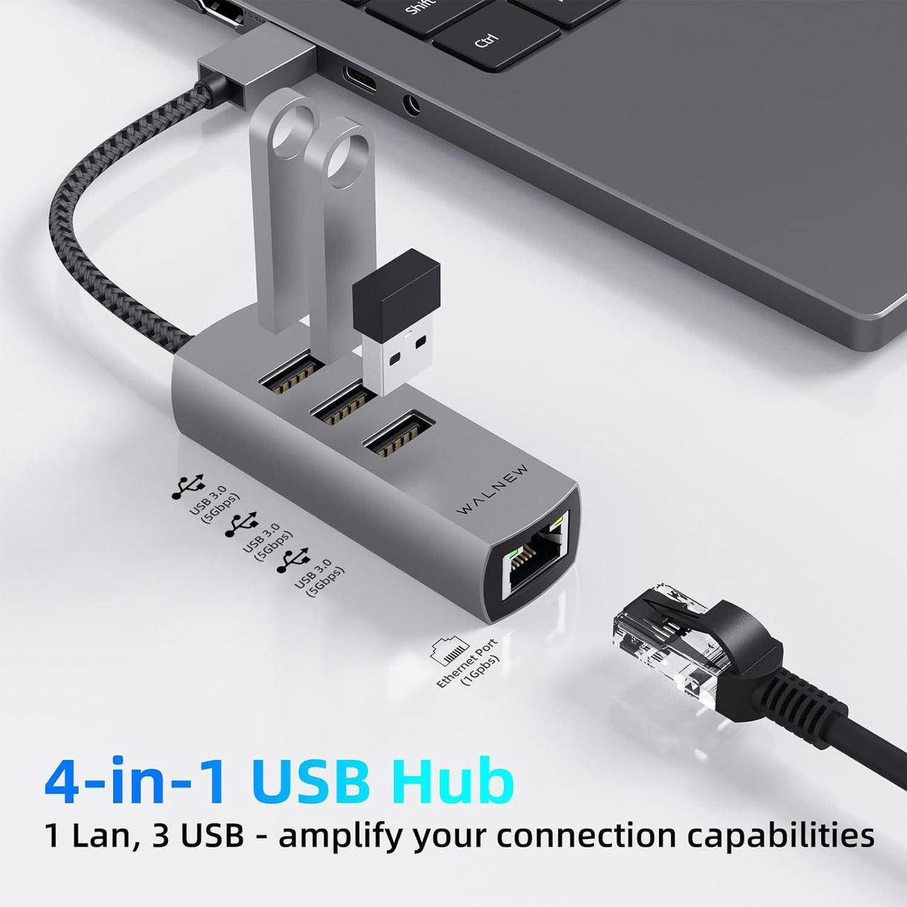 Alt view image 2 of 7 - WALNEW USB 3.0 Ethernet Adapter, 4-in-1 USB Hub with 3 USB-A Data Ports and 1 Gigabit RJ45 Network, Multiport USB Splitter for Laptop,PC,MacBook Pro/Air 2015,Surface,Dell XPS,Chromebook,Thinkpad