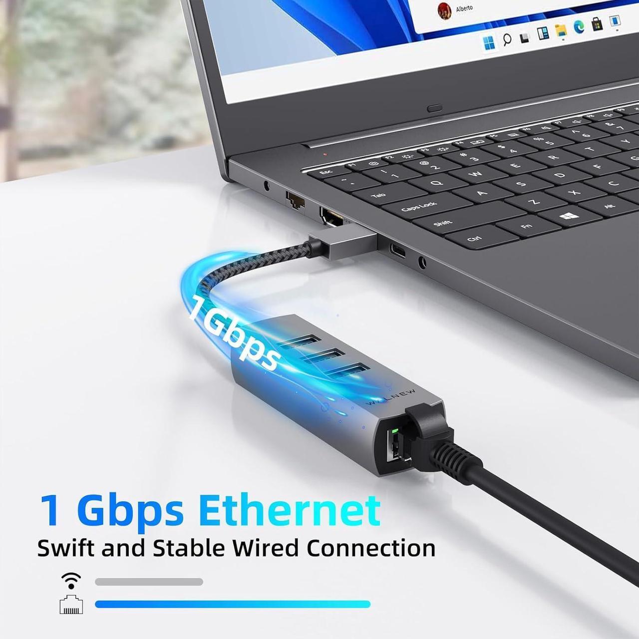 Alt view image 3 of 7 - WALNEW USB 3.0 Ethernet Adapter, 4-in-1 USB Hub with 3 USB-A Data Ports and 1 Gigabit RJ45 Network, Multiport USB Splitter for Laptop,PC,MacBook Pro/Air 2015,Surface,Dell XPS,Chromebook,Thinkpad