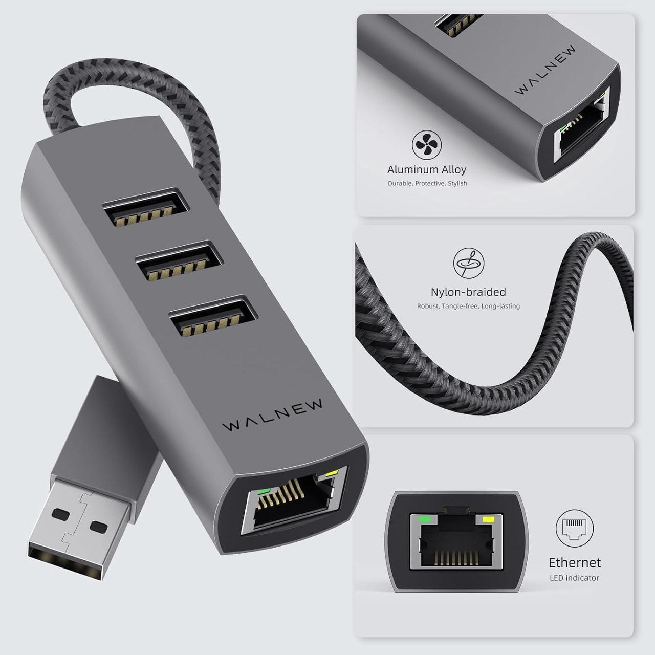 Alt view image 6 of 7 - WALNEW USB 3.0 Ethernet Adapter, 4-in-1 USB Hub with 3 USB-A Data Ports and 1 Gigabit RJ45 Network, Multiport USB Splitter for Laptop,PC,MacBook Pro/Air 2015,Surface,Dell XPS,Chromebook,Thinkpad