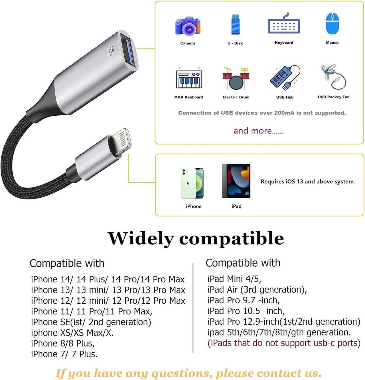 Alt view image 7 of 7 - Lightning to USB Adapter [Apple MFi Certified] USB Camera Adapter for iPhone iOS OTG Cable Adapter Supports USB Flash Drive Card Reader Mouse Keyboard