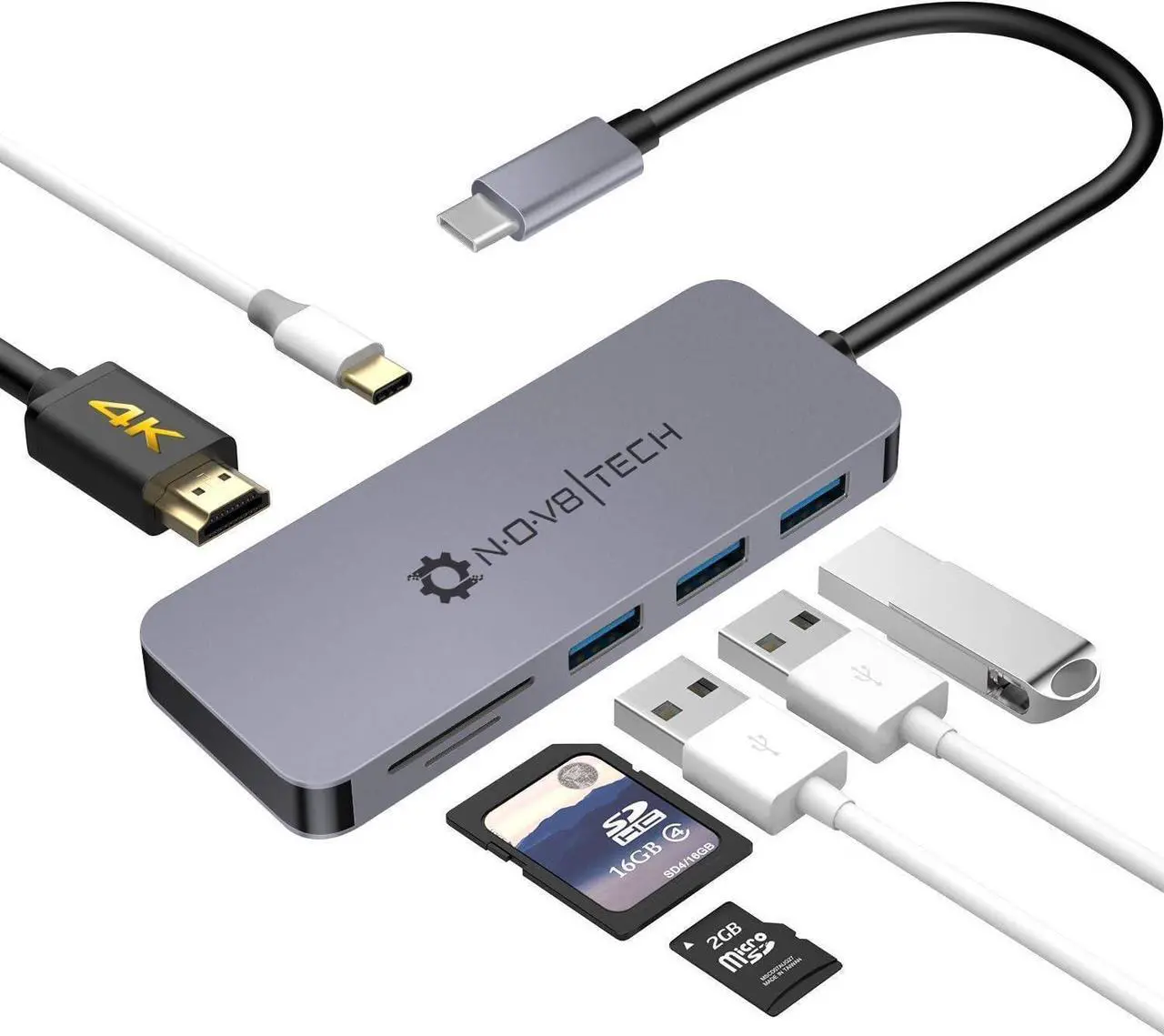 Main image of Nov8tech 7in1 USB C Hub  HDMI to USB C  USB Hub 3.0 for Type C Devices  100W PD Port  USB C Adapter for Versatile Connectivity  USB C Hub Multiport Adapter for MacBook Pro & Air M1 M2 2016-2023
