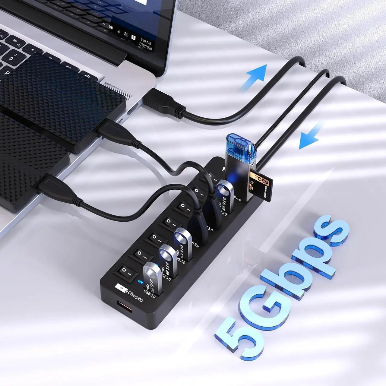 Alt view image 2 of 7 - Powered USB Hub 3.0,VEMONT 7 Ports Multi USB hubs and 1 USB Smart Charging Port with 5V/3A Power Supply,USB Extension Splitter with Individual On/Off Switches and 4ft/1.2m Long Cable for PC/Laptop