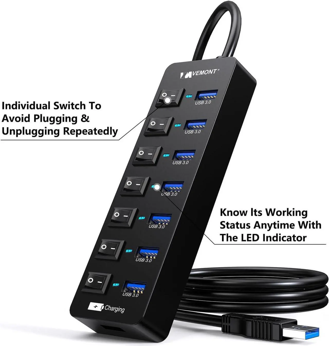 Alt view image 4 of 7 - Powered USB Hub 3.0,VEMONT 7 Ports Multi USB hubs and 1 USB Smart Charging Port with 5V/3A Power Supply,USB Extension Splitter with Individual On/Off Switches and 4ft/1.2m Long Cable for PC/Laptop