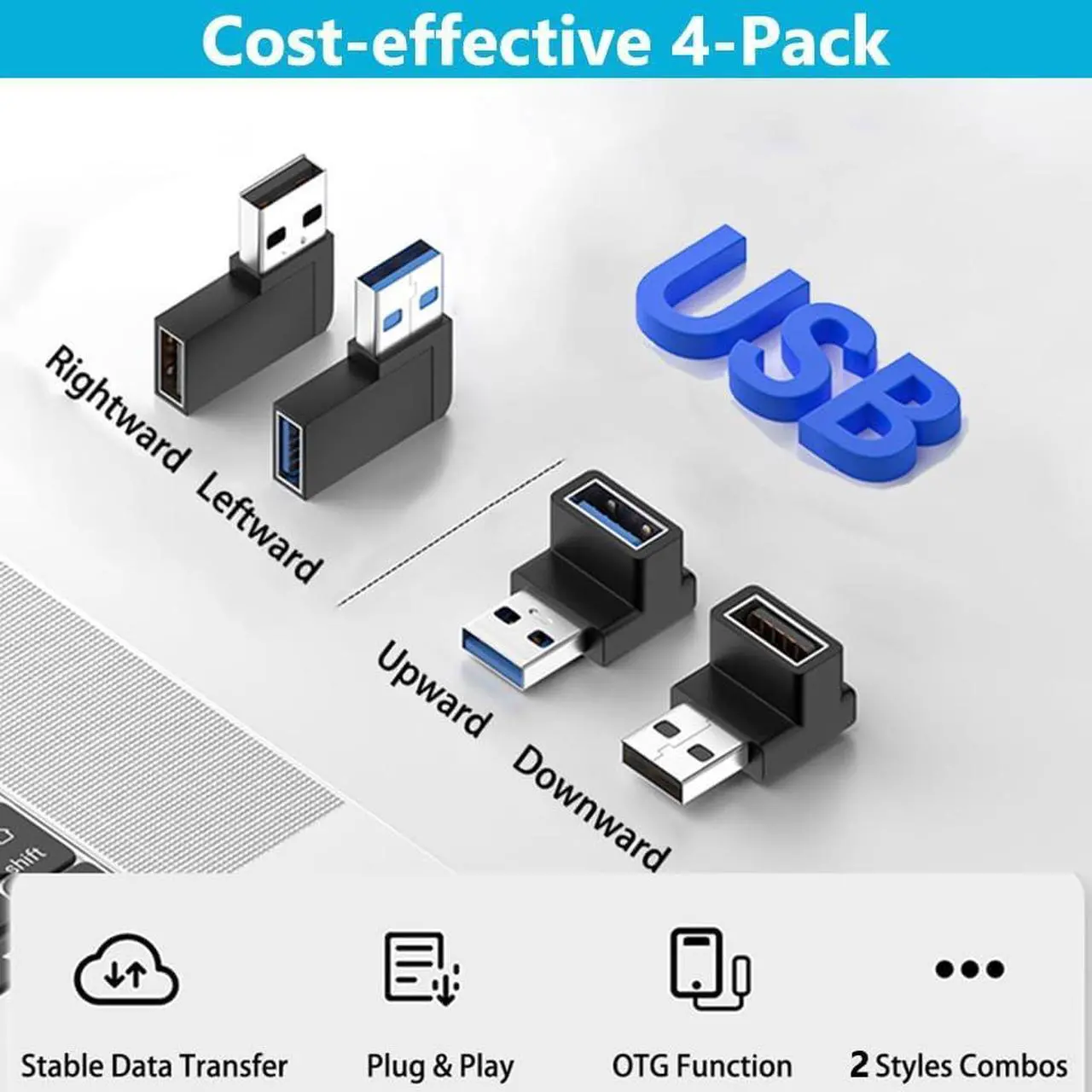 Alt view image 7 of 7 - 4 Pack 10Gbps USB 3.1 Male to Female Adapter 90 Degree Right Angle USB Cable Extension Connector 4 Types for PC Desktop Laptop USB Hub USB Charger and More