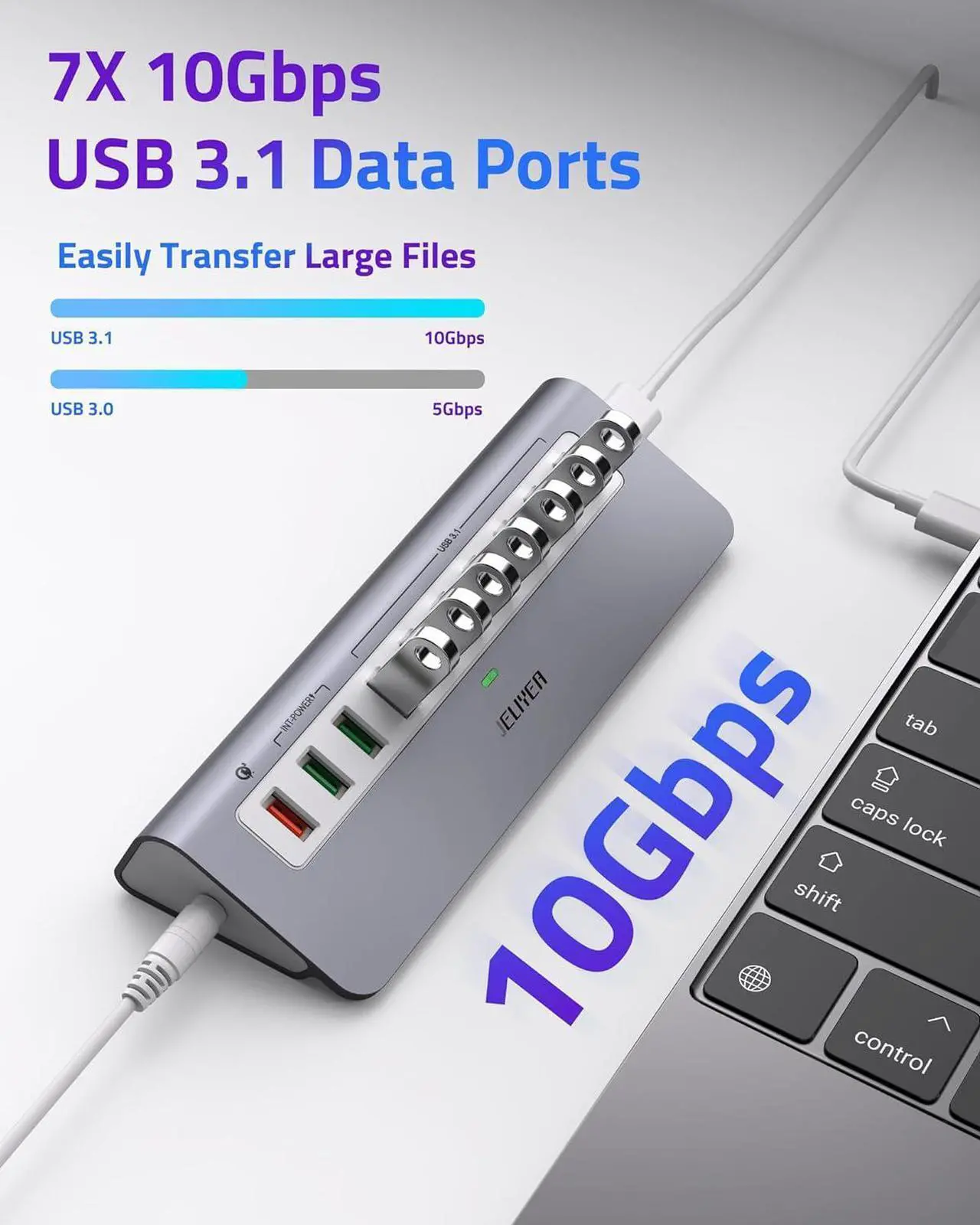 Alt view image 3 of 6 - Powered USB Hub 10Gbps, 10 Ports USB 3.1 Gen 2 Hub Power Multiport USB Splitter USB Extender (7 USB 3.1 Data Port and 3 Fast Charging Port) with 36W Power Adapter, for Desktop/USB-A&USB-C Laptop/PC