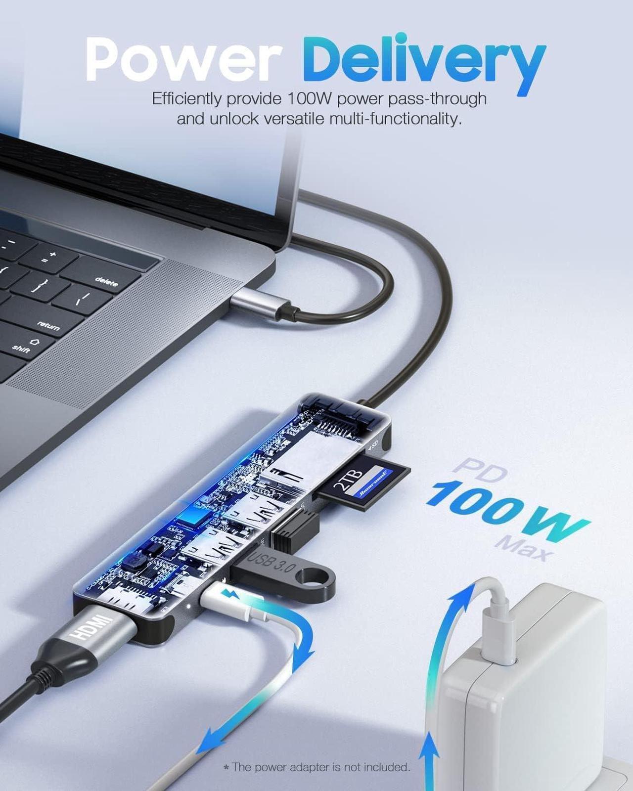 Alt view image 3 of 6 - USB C Hub USB C Multi-Port Adapter for MacBook Pro 7IN1 USB C to HDMI Hub Dongle Compatible for USB C Laptops and Other Type C Devices (4K HDMI USB3.0 SD/TF Card Reader 100W PD)