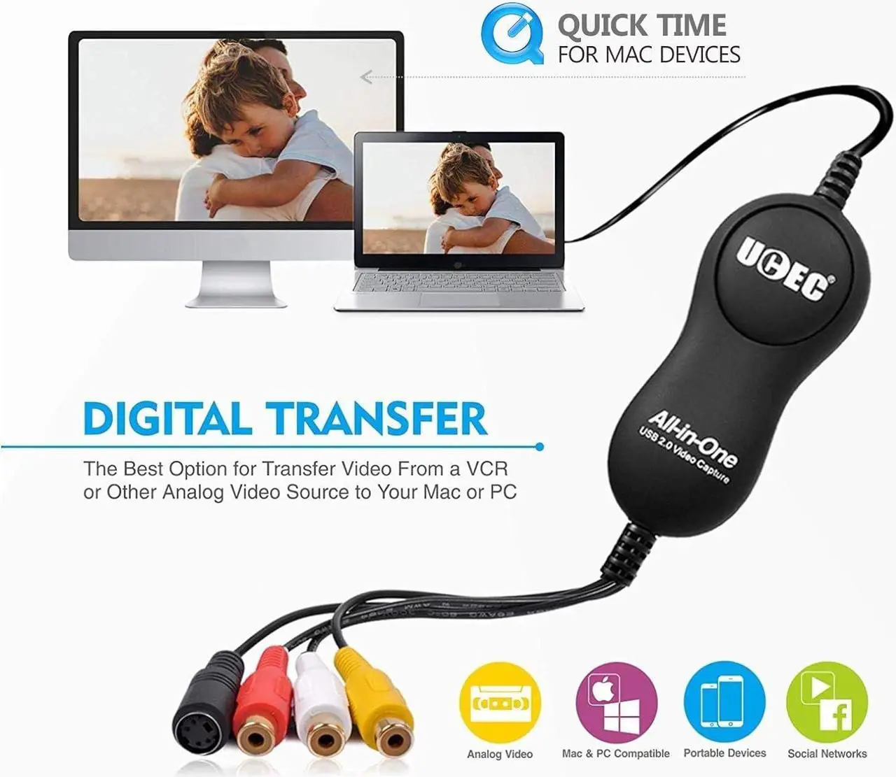 Alt view image 2 of 7 - UCEC USB 2.0 Video Capture Card Device, VHS VCR TV to DVD Converter for Mac OS X PC Windows 7 8 10 11