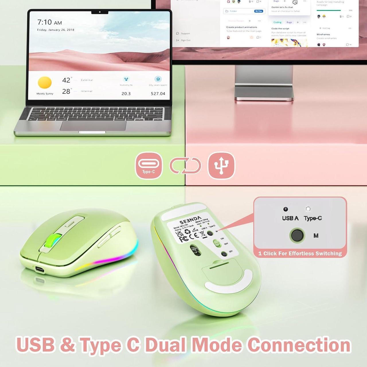 Alt view image 2 of 7 - Wireless Mouse with Jiggler - Light Up USB C Mouse USB&Type C Receiver Build-in Jiggler Mover Compatible with MacBook iPad Windows Tablet/Laptop/Computer Green