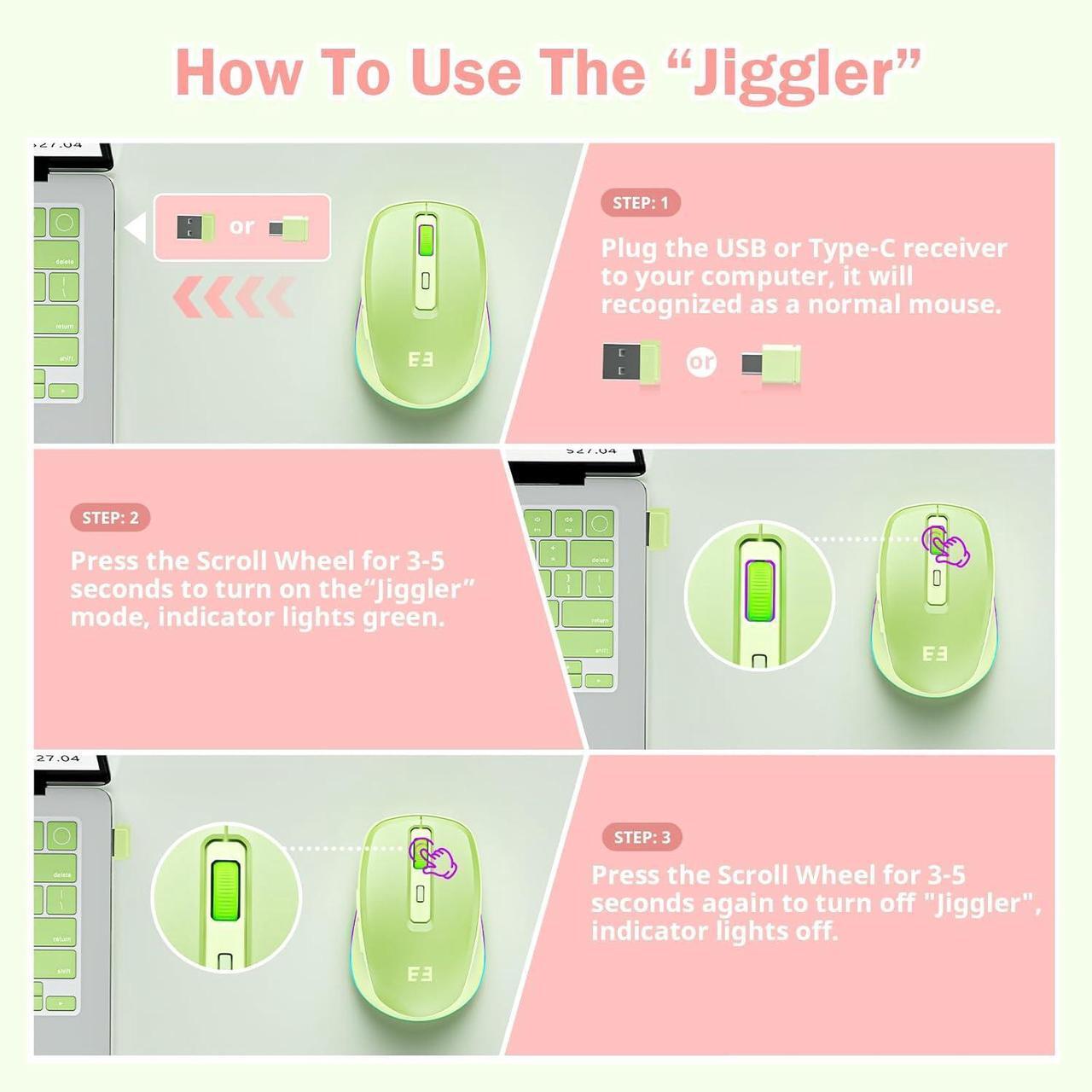 Alt view image 3 of 7 - Wireless Mouse with Jiggler - Light Up USB C Mouse USB&Type C Receiver Build-in Jiggler Mover Compatible with MacBook iPad Windows Tablet/Laptop/Computer Green