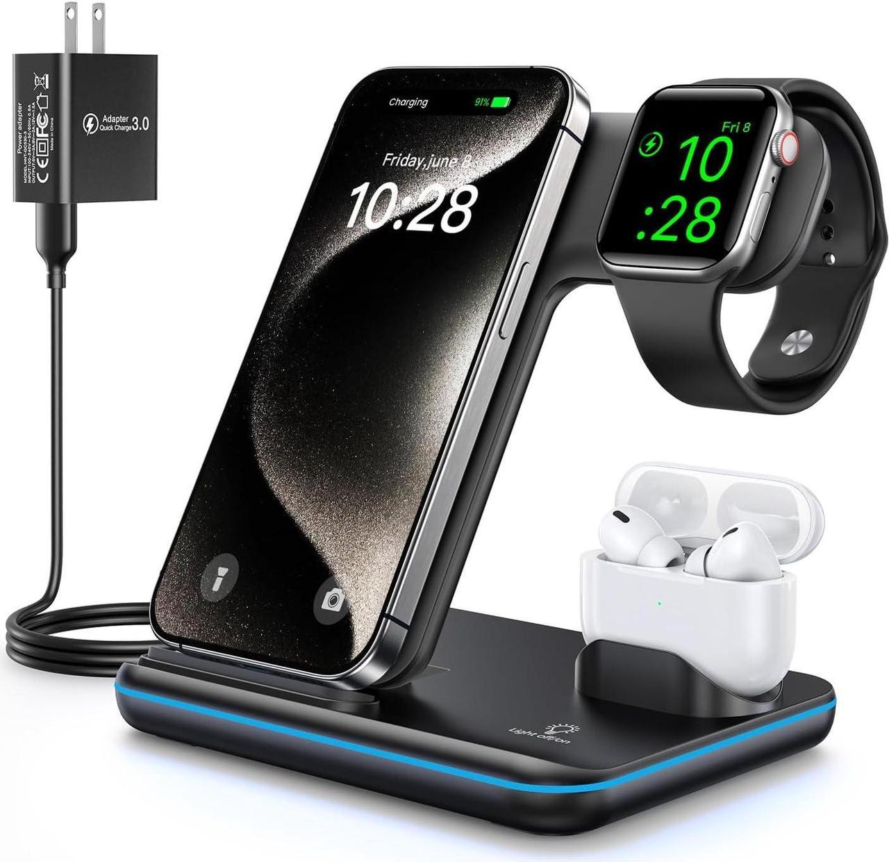 WAITIEE Wireless Charger 3 in 1, 15W Fast Charging Station for Apple Watch 9/8/Ultra 2/Ultra/SE/7/6/5/4/3/2, for  3/2/1/Pro/Pro 2, for iPhone 15/14/13 /Plus/Pro/Pro Max/12/11/X/Xr/XS/8 (Black)