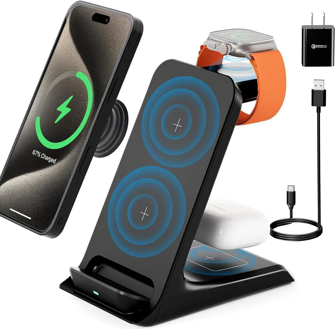 Main image of KPON Charging Station for Popsocket/Otterbox Compatible, 3 in 1 Wireless Charger for Thick Cases of 0.39 inch, Multiple Devices for iPhone 15/14/13/12/11/Apple Watch/Airpods