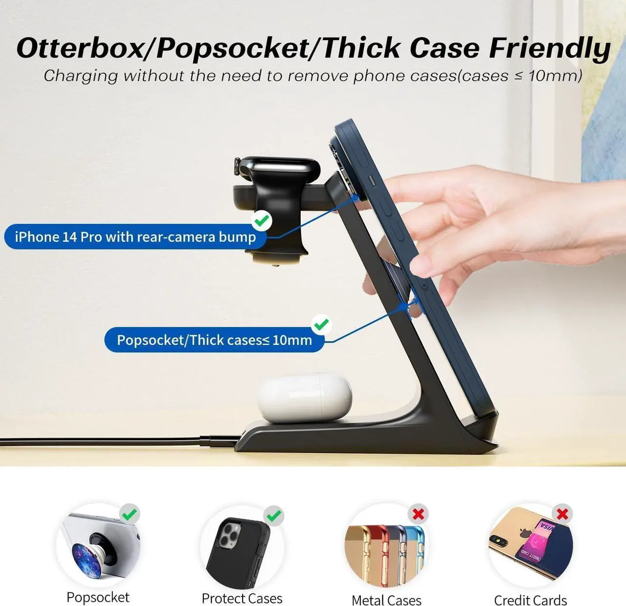 Alt view image 2 of 7 - KPON Charging Station for Popsocket/Otterbox Compatible, 3 in 1 Wireless Charger for Thick Cases of 0.39 inch, Multiple Devices for iPhone 15/14/13/12/11/Apple Watch/Airpods