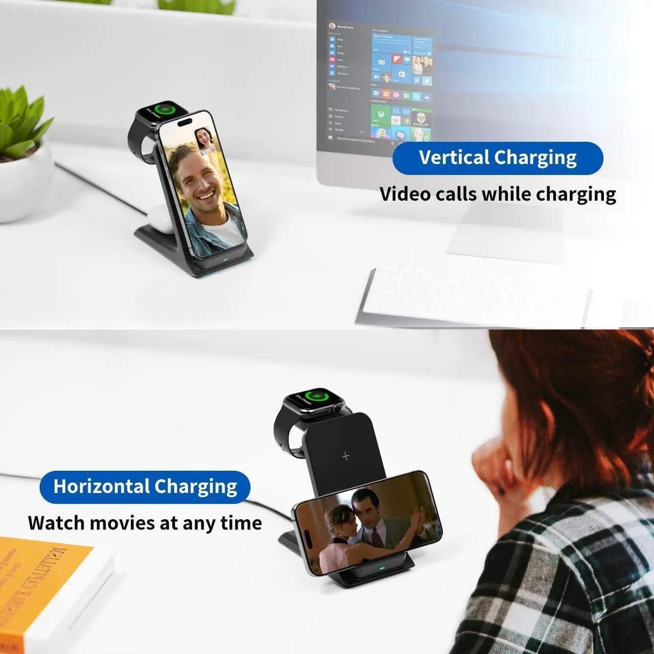 Alt view image 6 of 7 - KPON Charging Station for Popsocket/Otterbox Compatible, 3 in 1 Wireless Charger for Thick Cases of 0.39 inch, Multiple Devices for iPhone 15/14/13/12/11/Apple Watch/Airpods