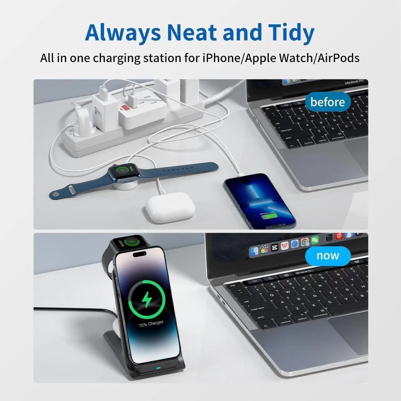 Alt view image 5 of 7 - KPON Charging Station for Popsocket/Otterbox Compatible, 3 in 1 Wireless Charger for Thick Cases of 0.39 inch, Multiple Devices for iPhone 15/14/13/12/11/Apple Watch/Airpods