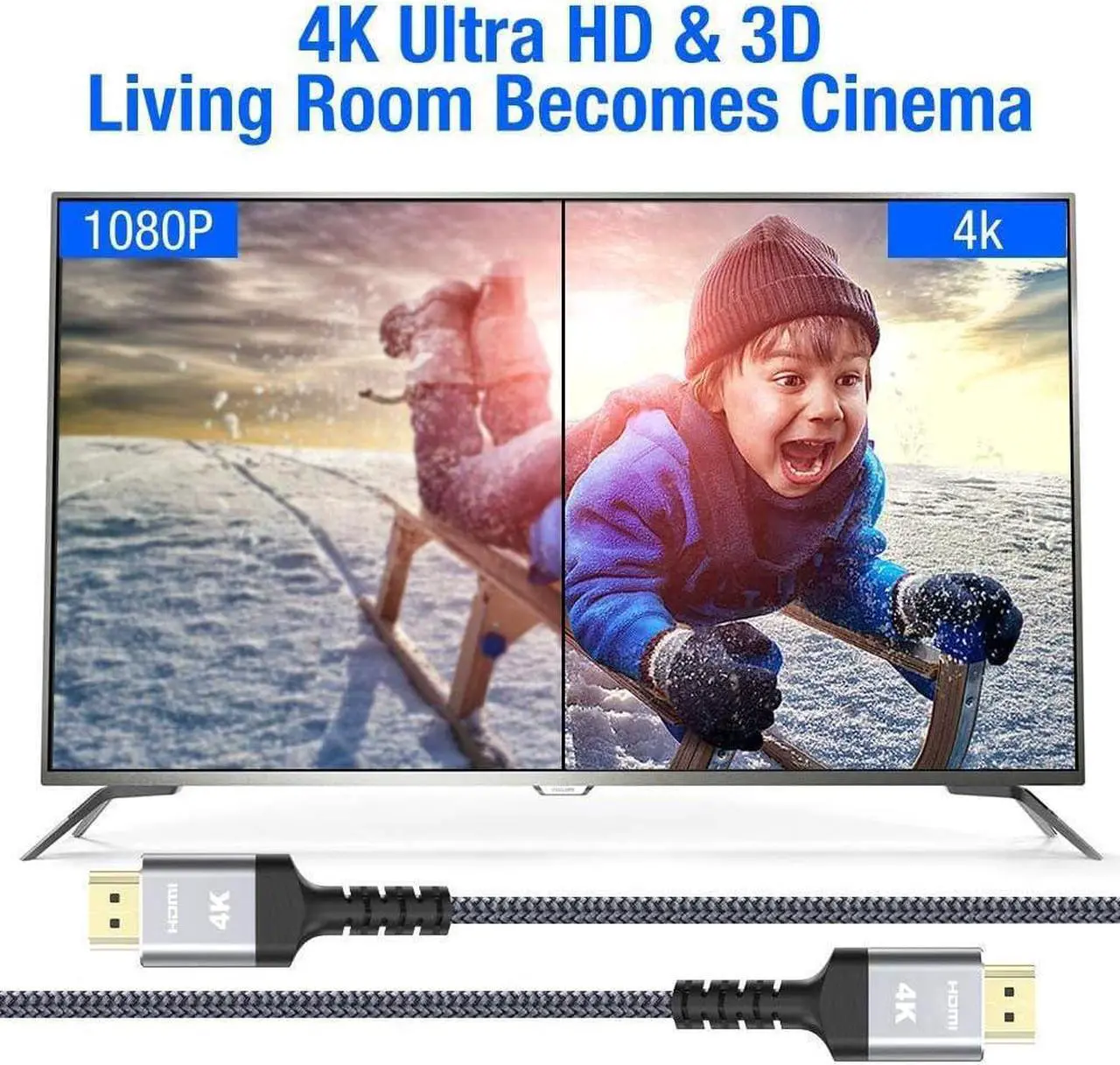 Alt view image 4 of 7 - Highwings 4K HDMI Cable 20FT, 4K HDR High Speed 18Gbps Braided Nylon HDMI to HDMI Cord, HDCP 2.2,ARC,Video 4K UHD 2160p,HD 1080p,3D-for Laptop,Game Monitor,PS3,PS4,Blu-ray,Netflix Projector ect