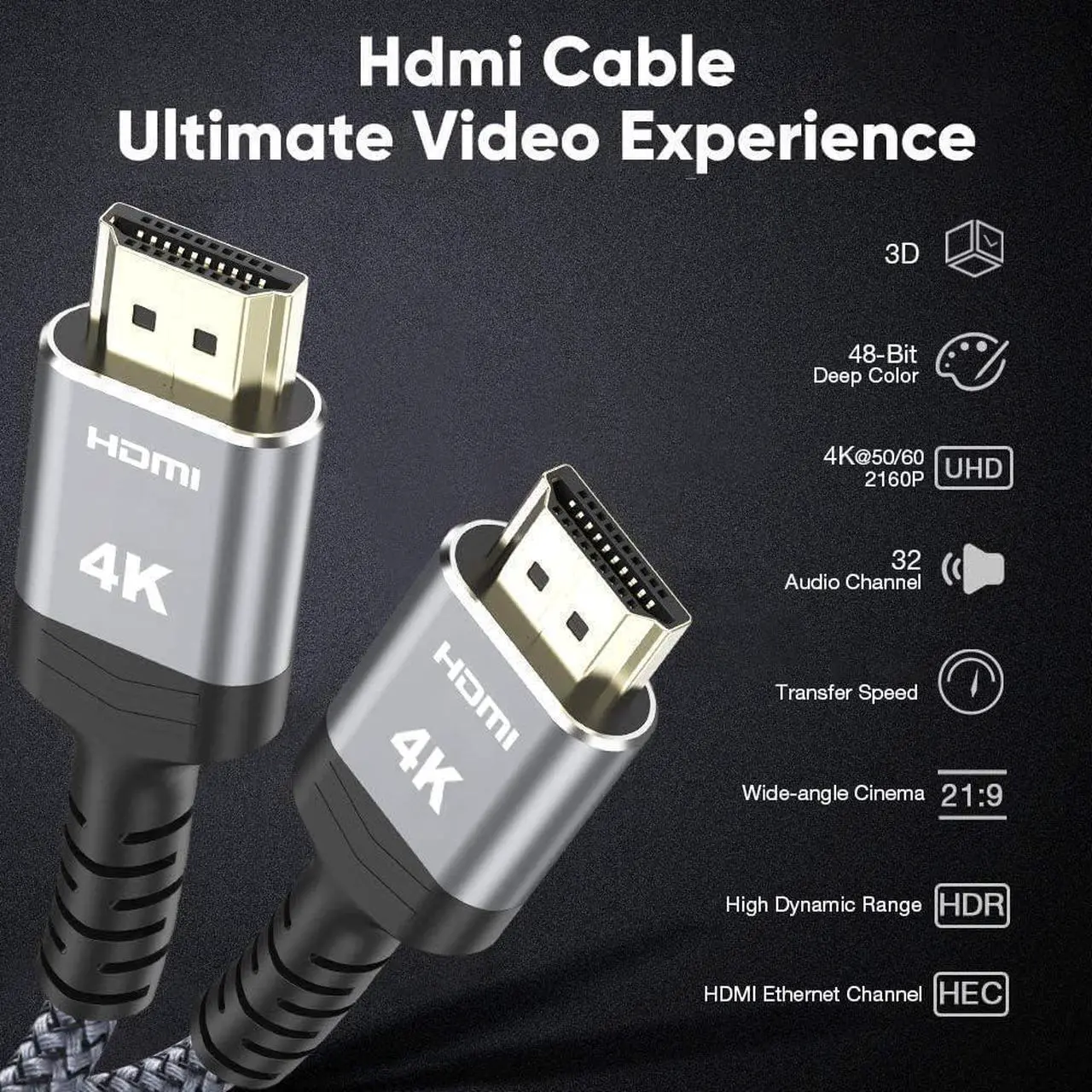 Alt view image 5 of 7 - Highwings 4K HDMI Cable 20FT, 4K HDR High Speed 18Gbps Braided Nylon HDMI to HDMI Cord, HDCP 2.2,ARC,Video 4K UHD 2160p,HD 1080p,3D-for Laptop,Game Monitor,PS3,PS4,Blu-ray,Netflix Projector ect