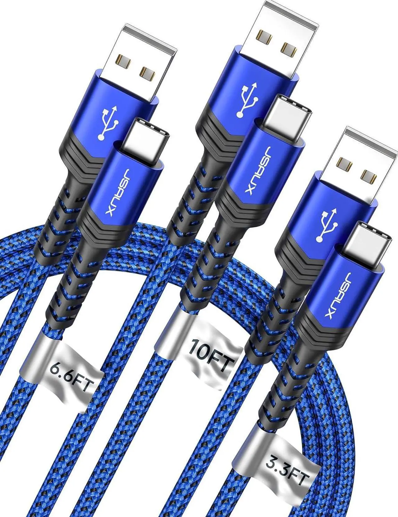 Main image of JSAUX USB-C Cable 3.1A Fast Charging, 3-Pack (10ft+6.6ft+3.3ft) USB A to Type C Charge Cord Compatible with Samsung Galaxy S21 S20 S10 S9 S8 Note 20 10, iPhone 15/15 Pro Max, PS5, USB C Charger(Blue)