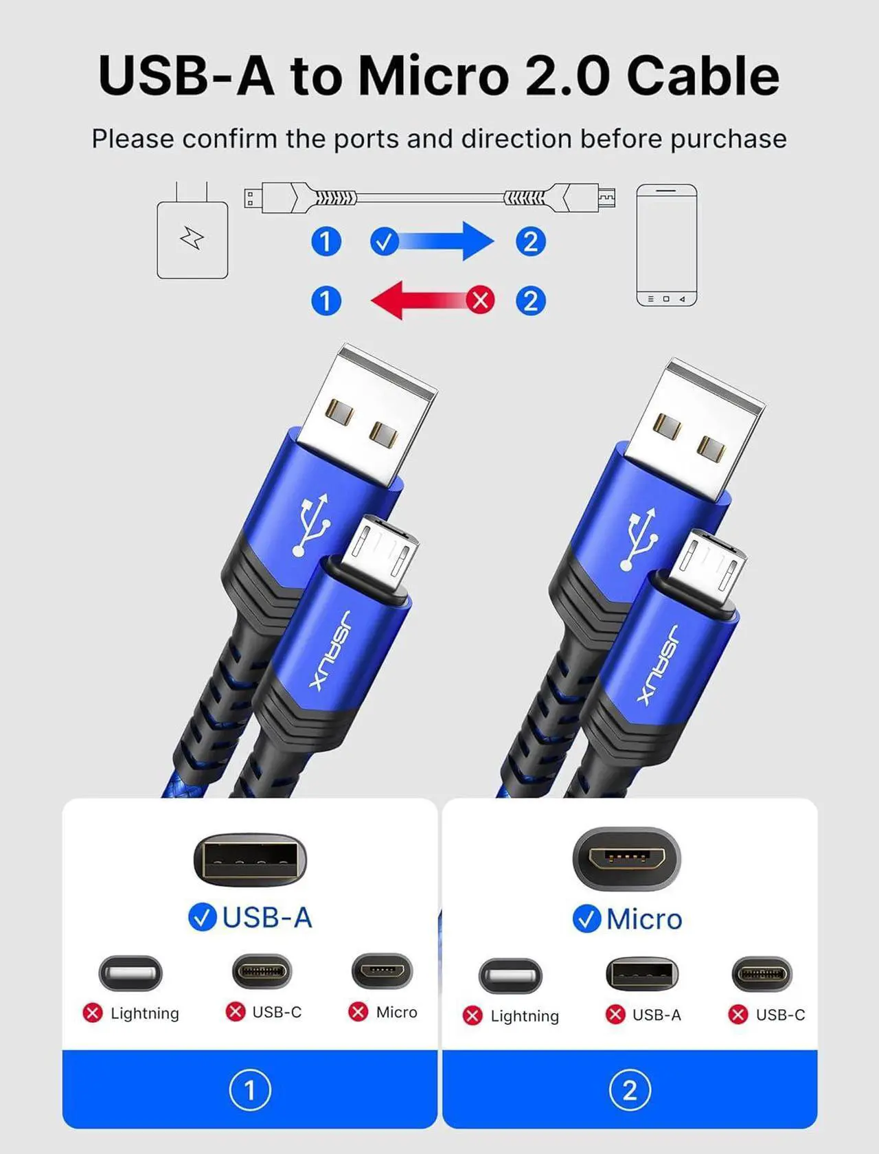 Alt view image 2 of 7 - Micro USB Cable Android Charger (2-Pack 6.6FT) Kindle Charger Cord Replacement Nylon Braided USB Micro Charging Cable Compatible with Galaxy S7 S6 J7 Edge Note 5 Kindle MP3-Blue