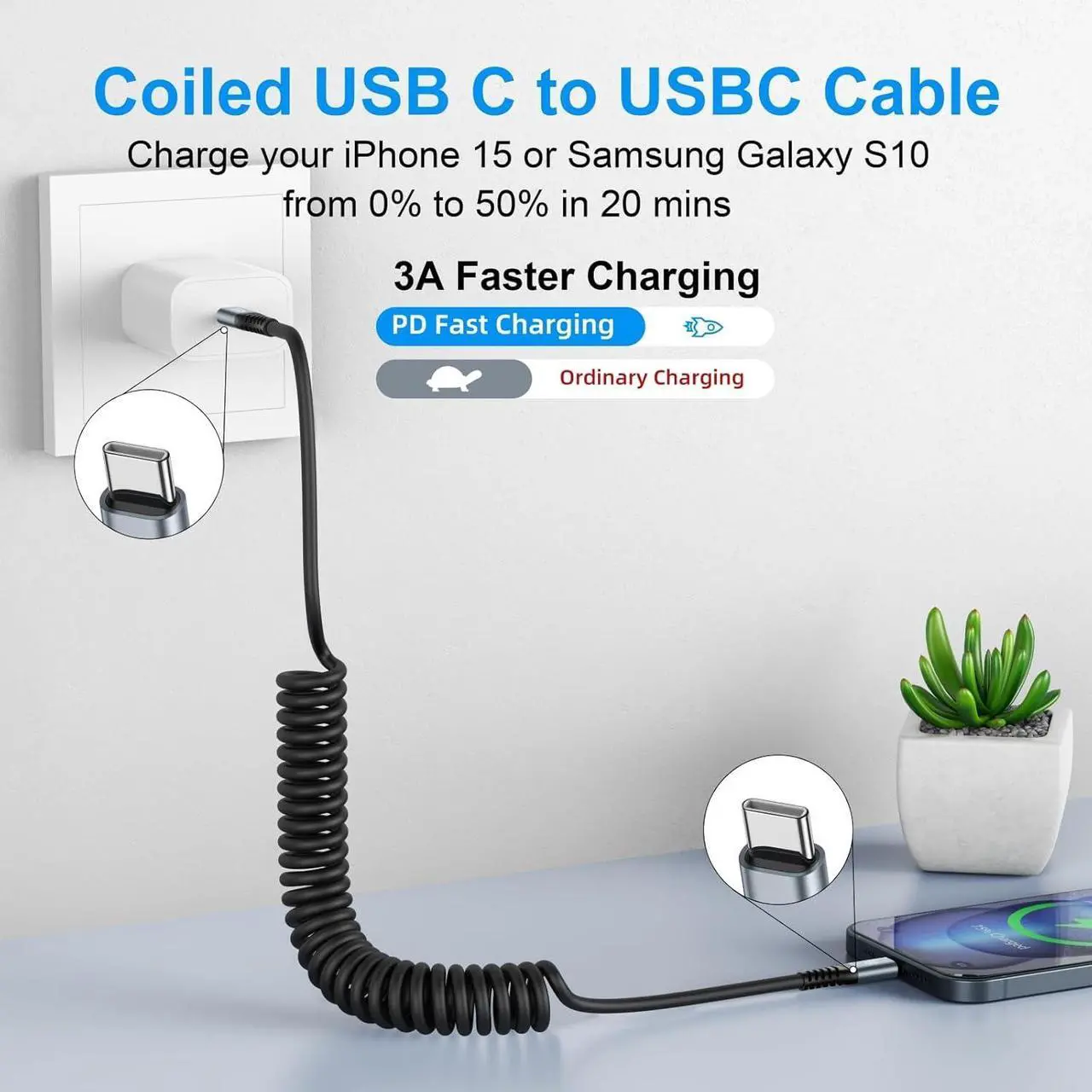 Alt view image 2 of 7 - USB C to USB C Cable 3ft 2Pack Coiled USB C Charger Cable for Car Type C Fast Charging Cable for iPhone 16/15/Plus/Pro/Pro Max/ Galaxy S23