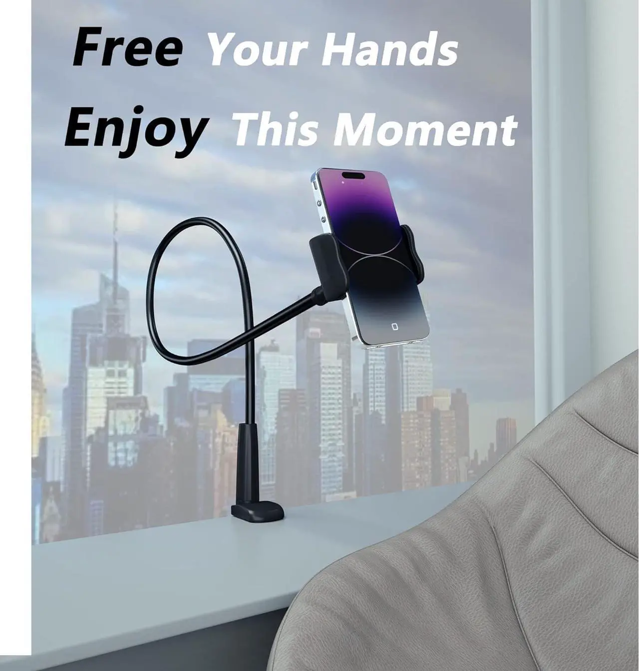 Alt view image 3 of 7 - Cell Phone Clip Bed Stand Holder with Grip Flexible Long Arm Gooseneck Bracket Mount Clamp for Desk Compatible with iPhone 14 Pro Max XR X 8 7 6 or Other 3.5-7 Devices (Black)