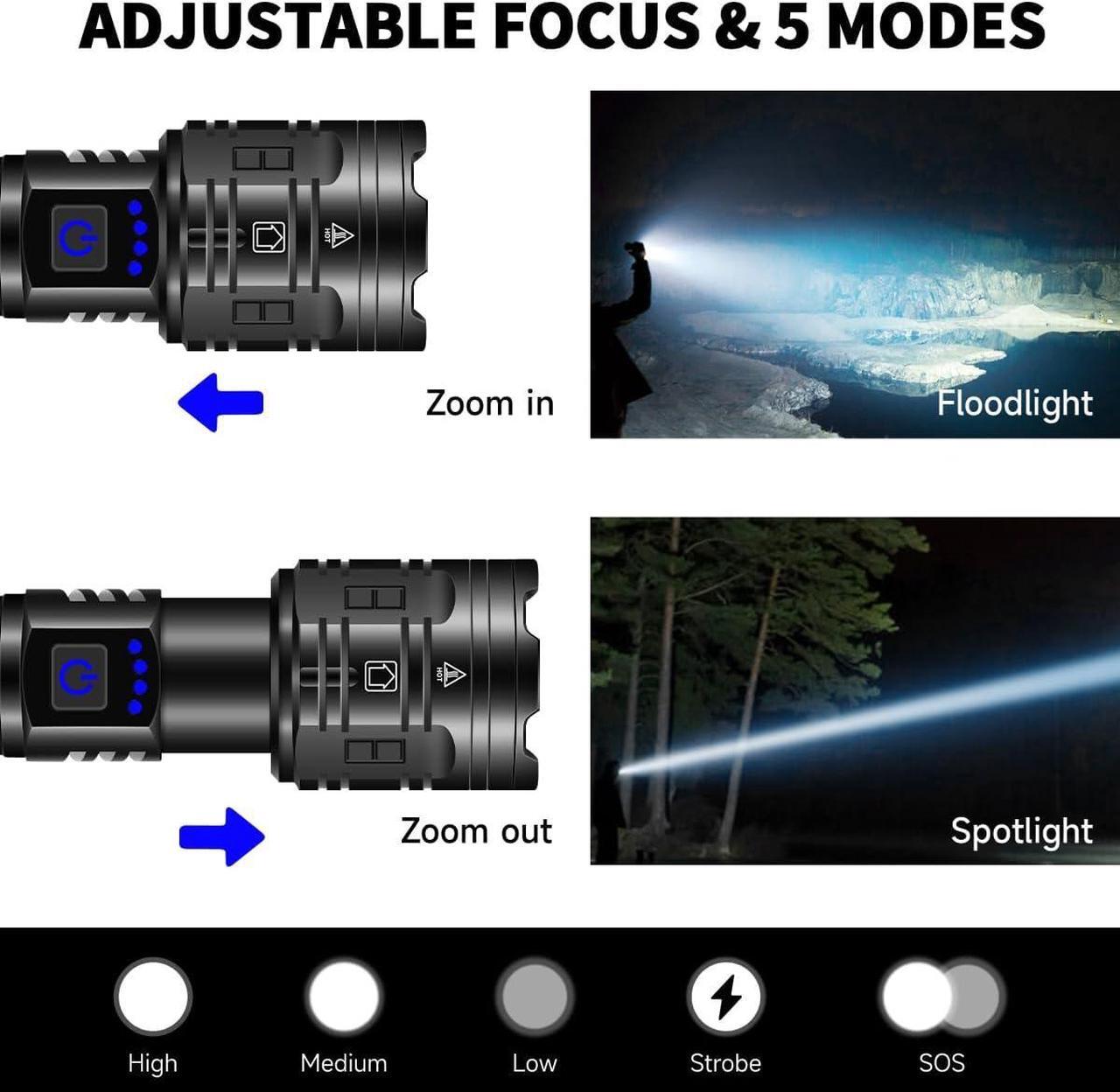 Alt view image 3 of 7 - Rechargeable Flashlights High Lumens, 990000LM Powerful Tactical Flashlights, 5 Modes LED Flashlight Adjustable, Brightest Flashlight Waterproof, Handheld Flash Light for Emergencies, Camping, Hiking