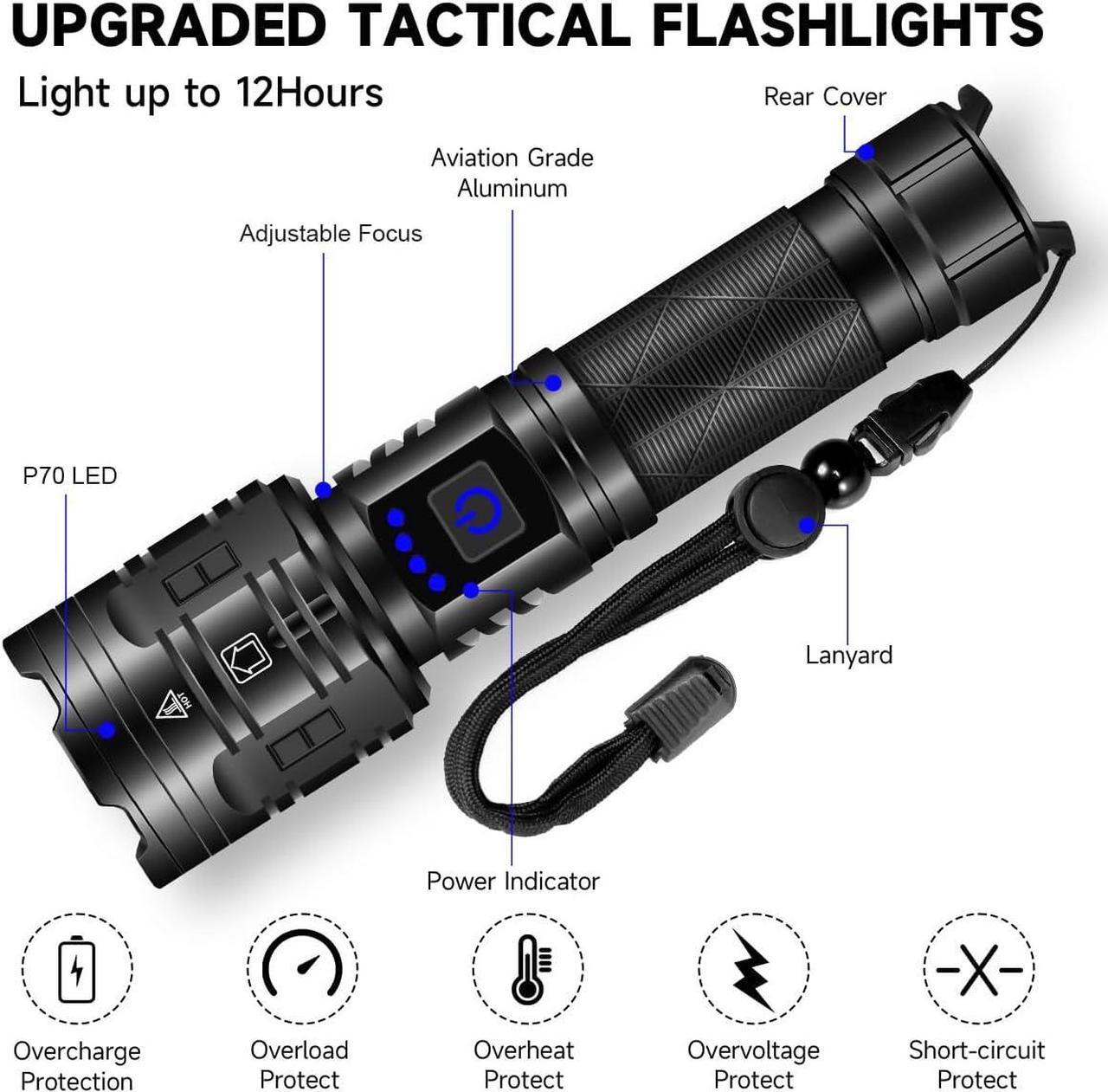 Alt view image 5 of 7 - Rechargeable Flashlights High Lumens, 990000LM Powerful Tactical Flashlights, 5 Modes LED Flashlight Adjustable, Brightest Flashlight Waterproof, Handheld Flash Light for Emergencies, Camping, Hiking