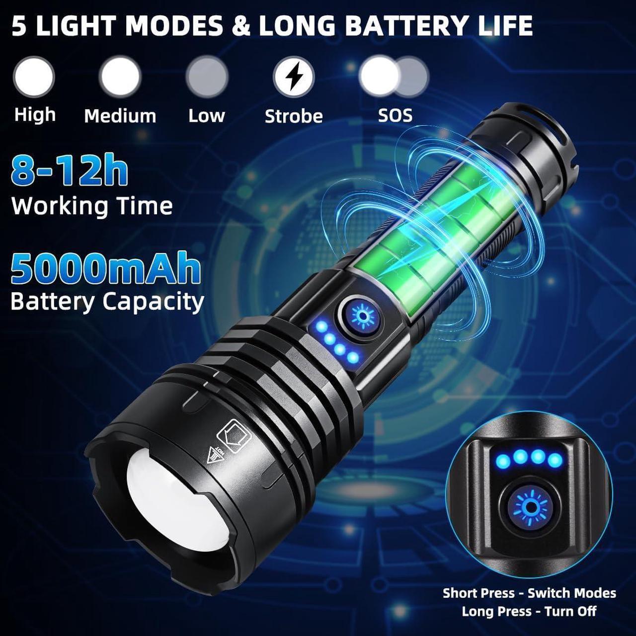 Alt view image 3 of 6 - Flashlights High Lumens Rechargeable, 990000LM Super Bright Flashlight, Adjustable Tactical Flashlight, 5Mode Flash Light High Powered, Waterproof LED Flashlight for Camping, Hiking, Home, Emergencies
