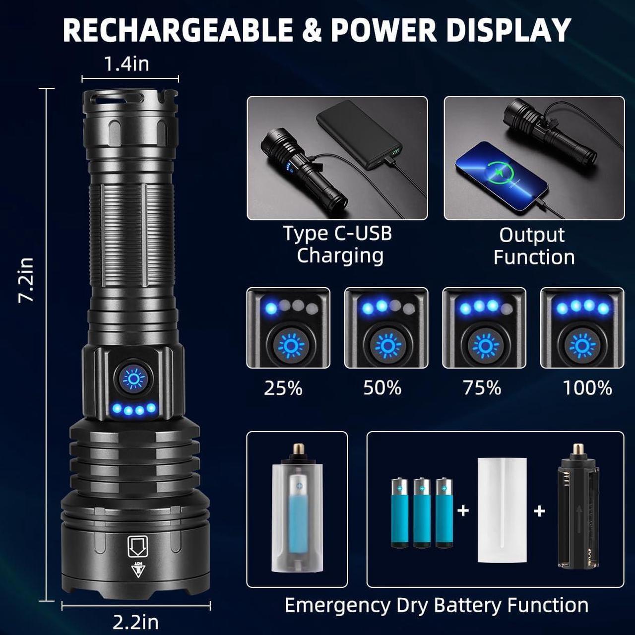 Alt view image 4 of 6 - Flashlights High Lumens Rechargeable, 990000LM Super Bright Flashlight, Adjustable Tactical Flashlight, 5Mode Flash Light High Powered, Waterproof LED Flashlight for Camping, Hiking, Home, Emergencies