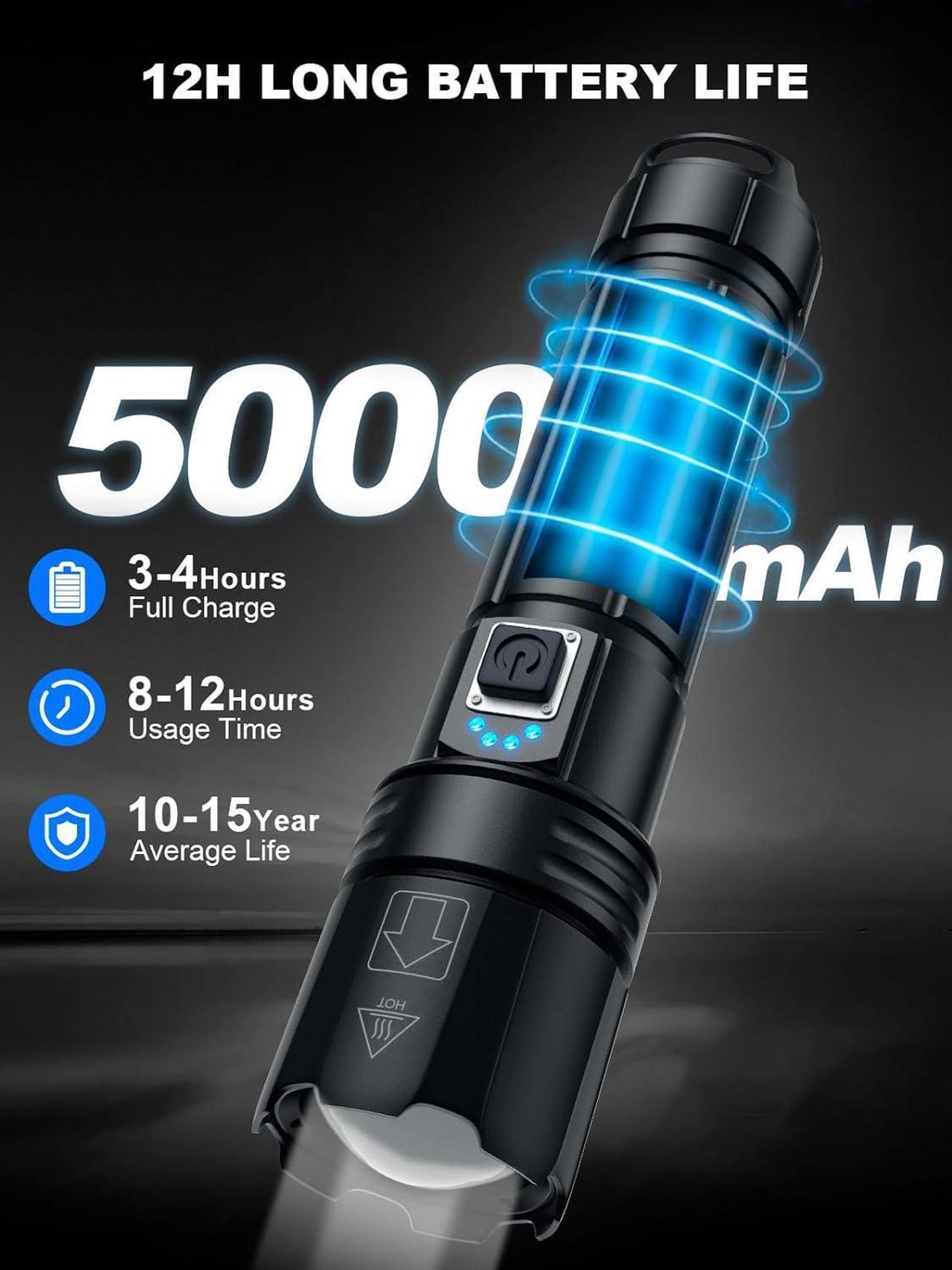 Alt view image 5 of 7 - Flashlights High Lumen Rechargeable, 990,000 Lumens Super Bright LED Flashlight, High Powered Flash Light with 5000 mAh Capacity, Waterproof Handheld Flashlight for Camping Hiking(2 Pack)