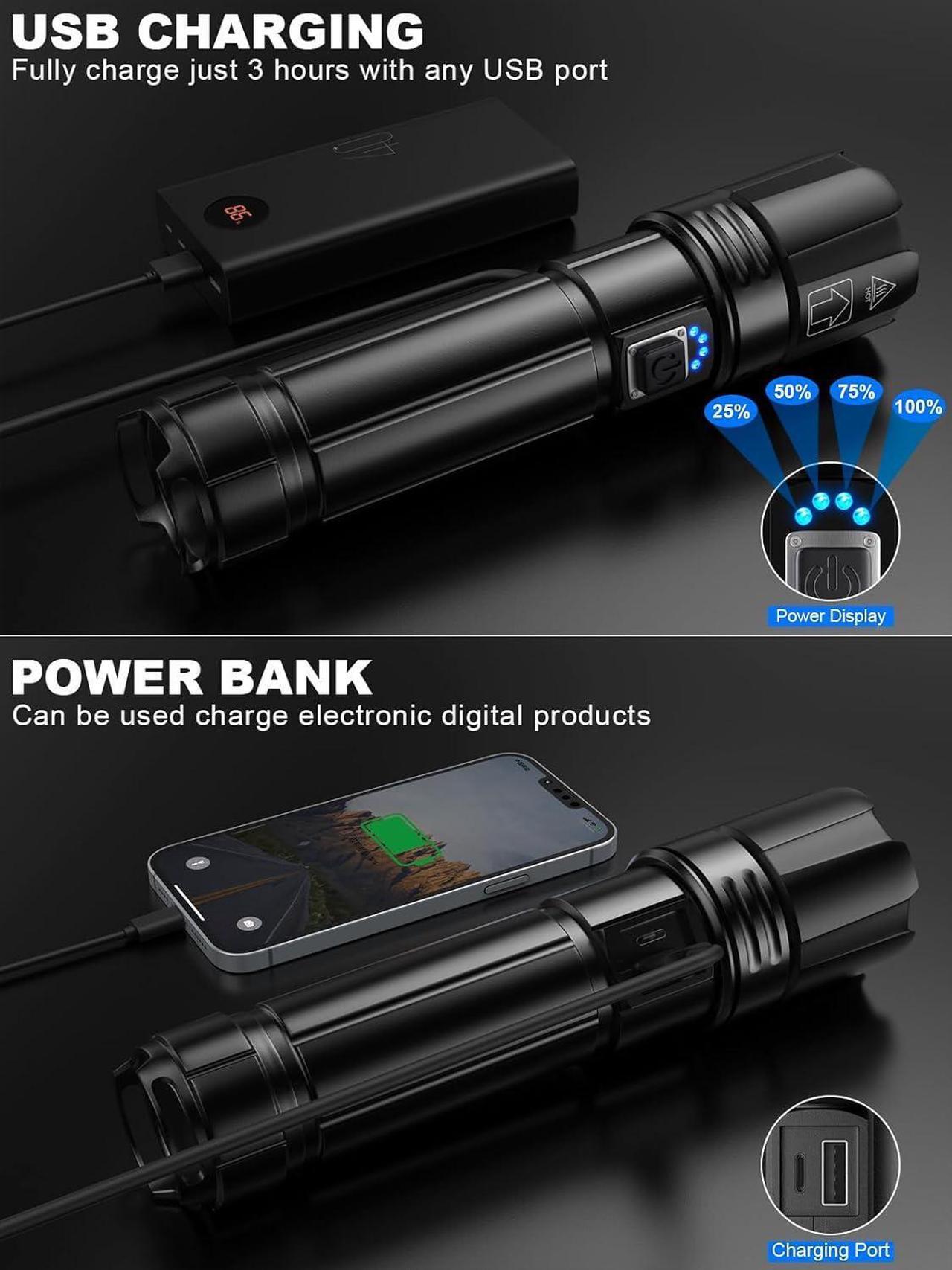 Alt view image 4 of 7 - Flashlights High Lumen Rechargeable, 990,000 Lumens Super Bright LED Flashlight, High Powered Flash Light with 5000 mAh Capacity, Waterproof Handheld Flashlight for Camping Hiking(2 Pack)