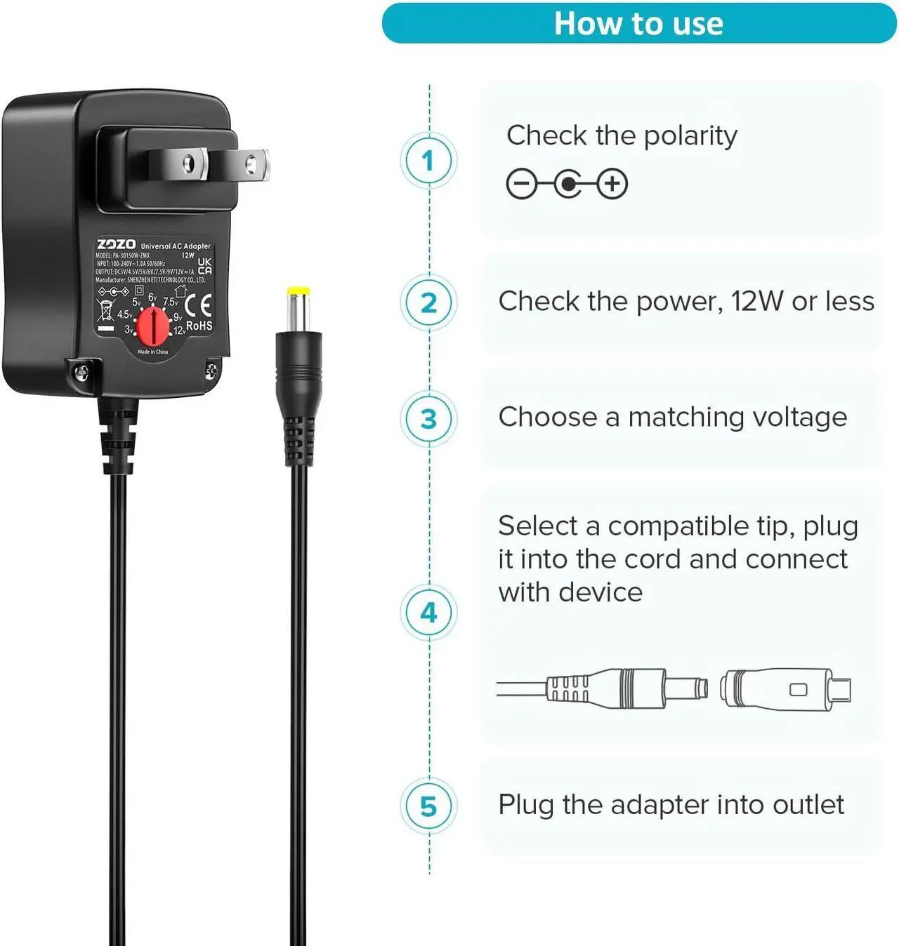 Alt view image 7 of 7 - Universal AC/DC Adapter 12W Switching Power Cord 3V 4.5V 5V 6V 7.5V 9V 12V Charger Adapter with 9 Tips for Household Electronics Routers Speakers CCTV Cameras Smart Phone USB