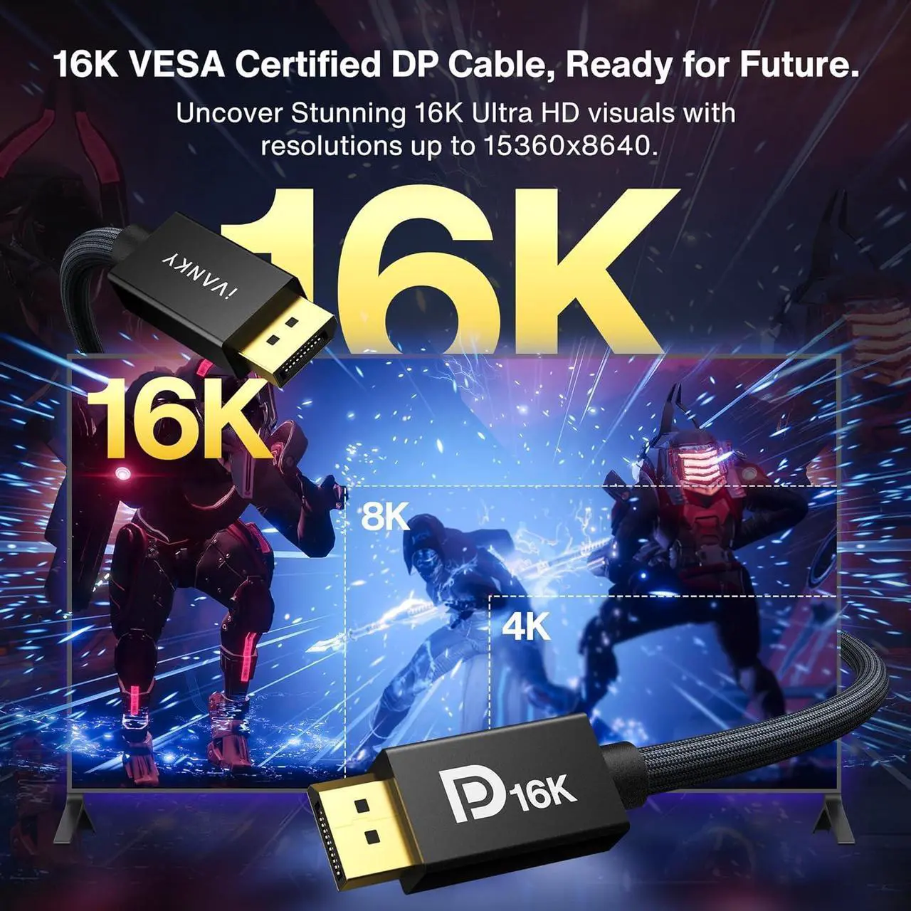 Alt view image 2 of 7 - IVANKY 16K Displayport Cable 2.1 [VESA Certified], DP 2.1 Cable[16K@60Hz,8K@120Hz,4K@240Hz], Display Port 2.1 Cable Support 40Gbps HDR10,HDCP,DSC 1.2a, FreeSync G-Sync for 4090 7900xtx Graphics, 6.6FT