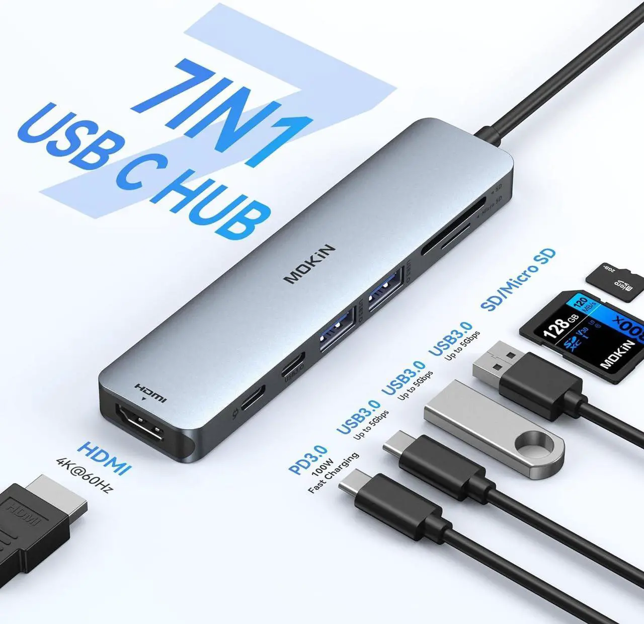 Alt view image 2 of 7 - USB C Hub HDMI Adapter for MacBook Pro/Air, MOKiN 7 in 1 USB C Dongle with HDMI, SD/TF Card Reader, USB C Data Port,100W PD, and 2 USB 3.0 Compatible for MacBook Pro/Air, Dell XPS, Lenovo Thinkpad.