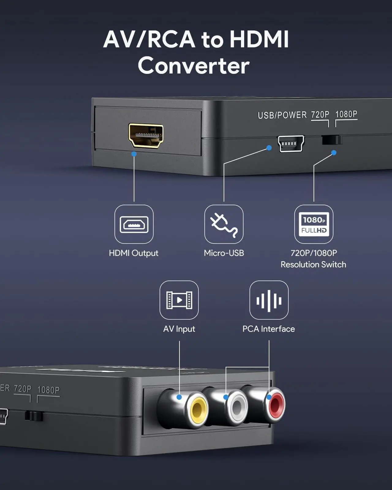 Alt view image 2 of 7 - RCA to HDMI AV to HDMI Converter 1080P Mini RCA Composite CVBS Video Audio Converter Adapter Supporting PAL/NTSC for TV/PC/ PS3/ STB/Xbox VHS/VCR/Blue-Ray DVD Players