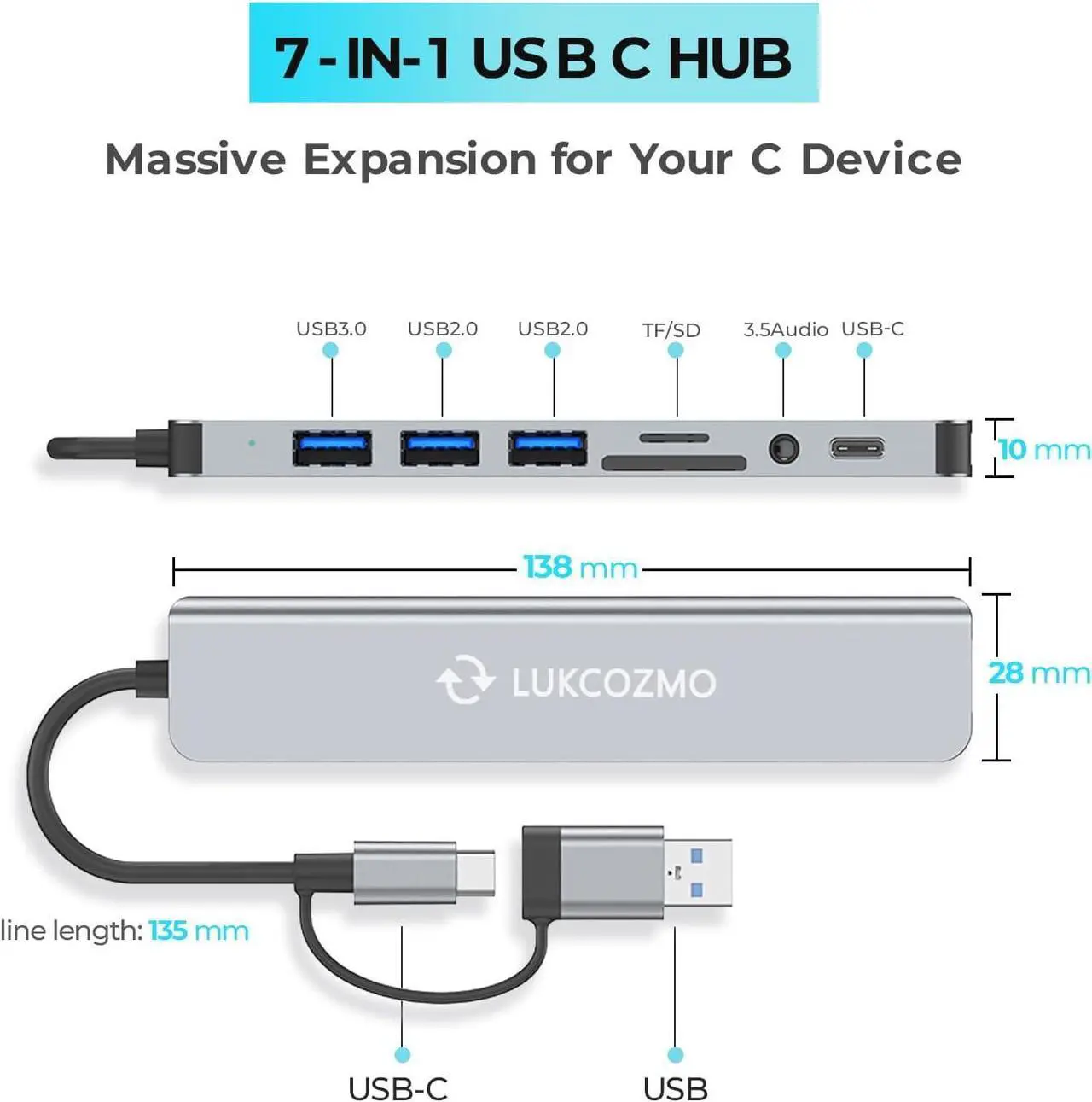 Alt view image 4 of 6 - Updated USB Hub USB C Hub USB Splitter Port Extender 7 in 1 USB 3.0 Hub USB Adapter&USB C Splitter 4 USB 1 USBC TF/SD Card Reader Audio Output Compatible with MacBook/Pad Pro/Dell/HP Laptop/Phones