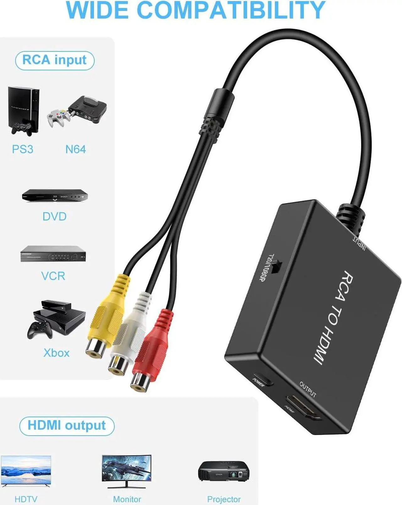 Alt view image 4 of 6 - RCA to HDMI Adapter Converter AV to HDMI Converter with HDMI Cable Supports PAL/NTSC for PS2/VHS/VCR/Blue-Ray DVD ect.