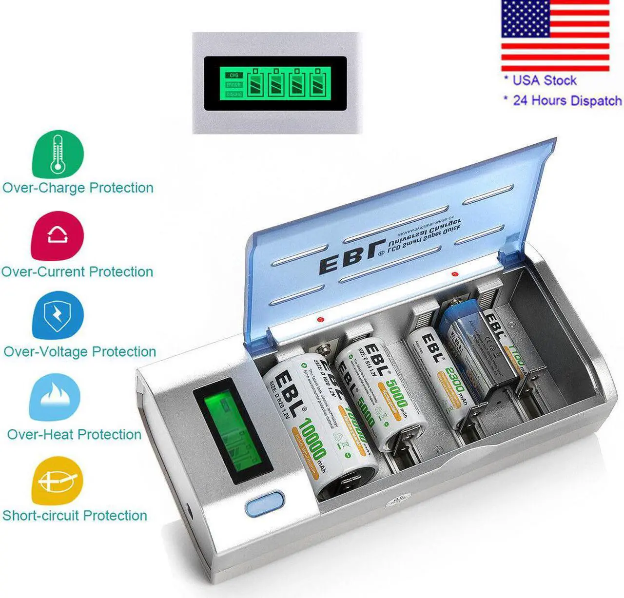 Main image of LCD Smart Battery Charger For AAA AA C D 9V Ni-MH Ni-CD Rechargeable Batteries